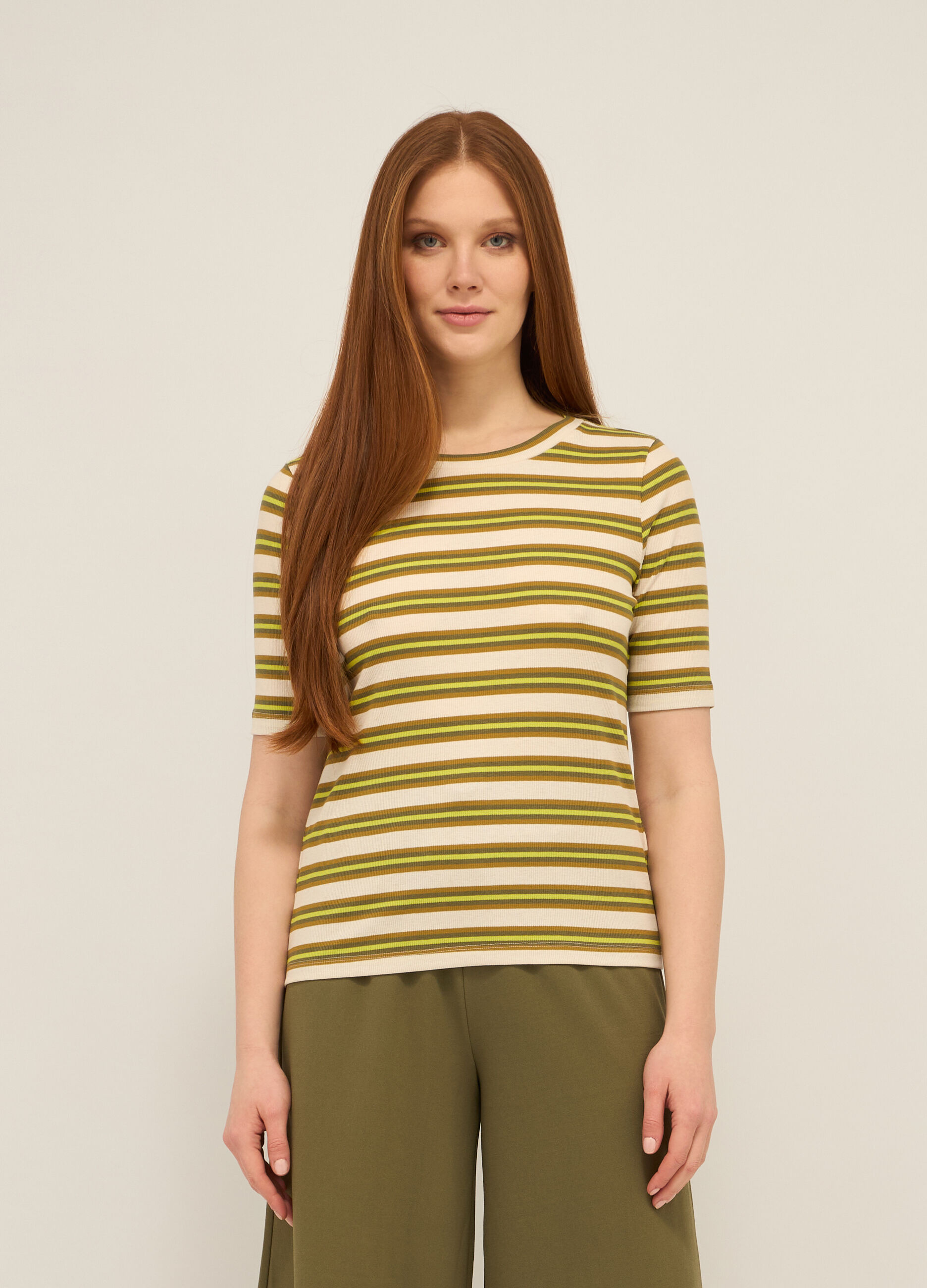 T-shirt in costina di misto cotone stretch donna_0