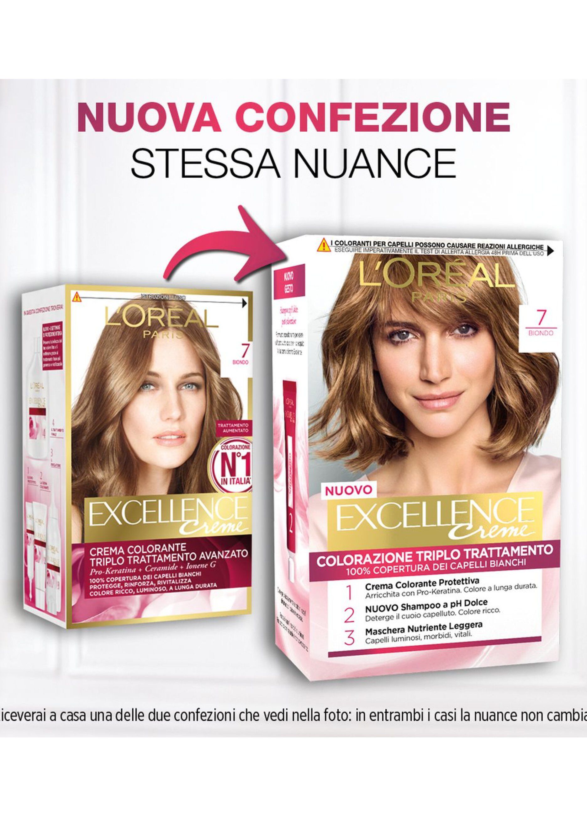 L'Oréal Paris Tinta Capelli Excellence, Copre i capelli bianchi, colore ricco, luminoso e a lunga durata, 7 Biondo.