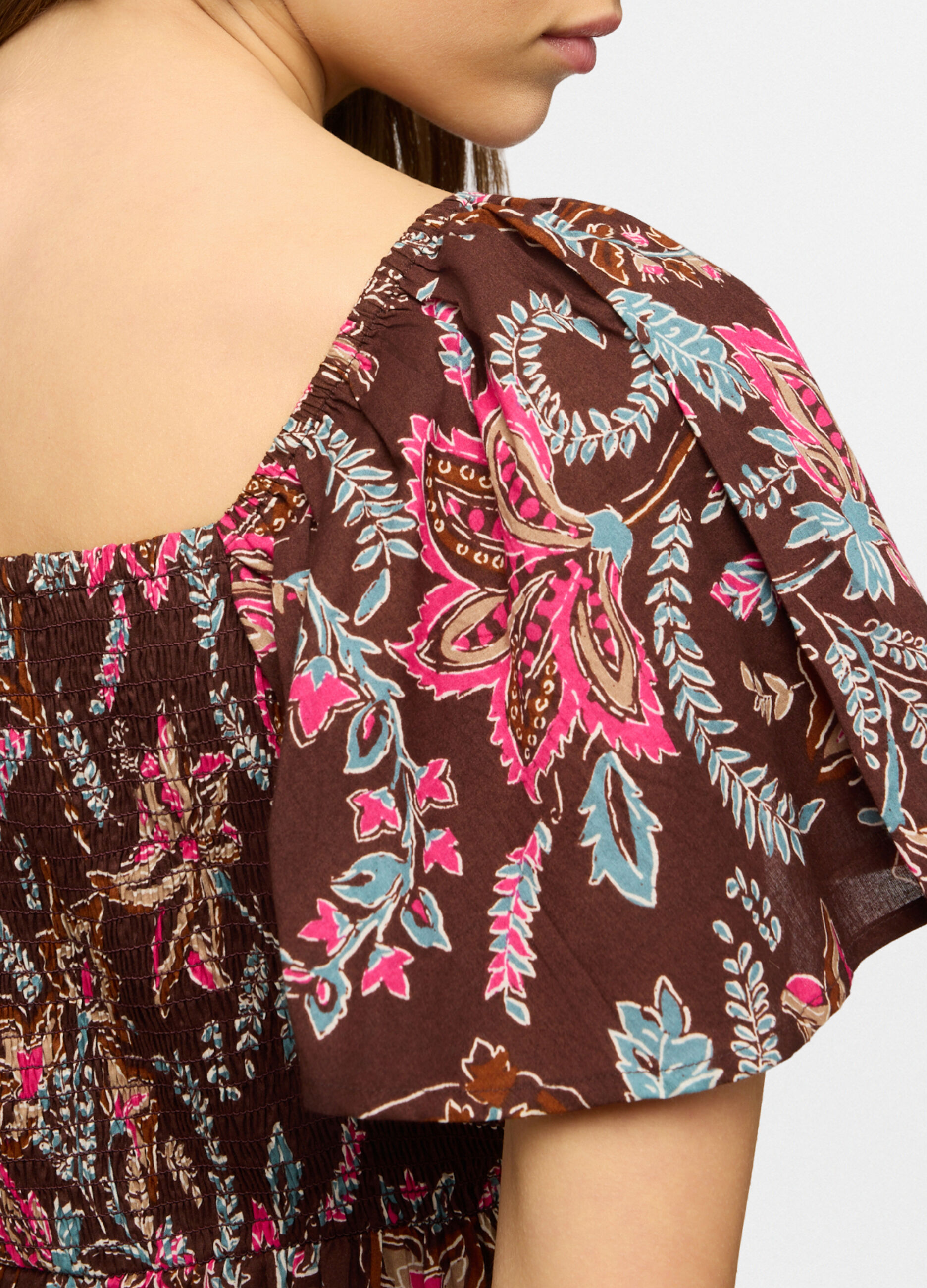 Vestito lungo con scollo quadrato e maniche corte in puro cotone donna_2