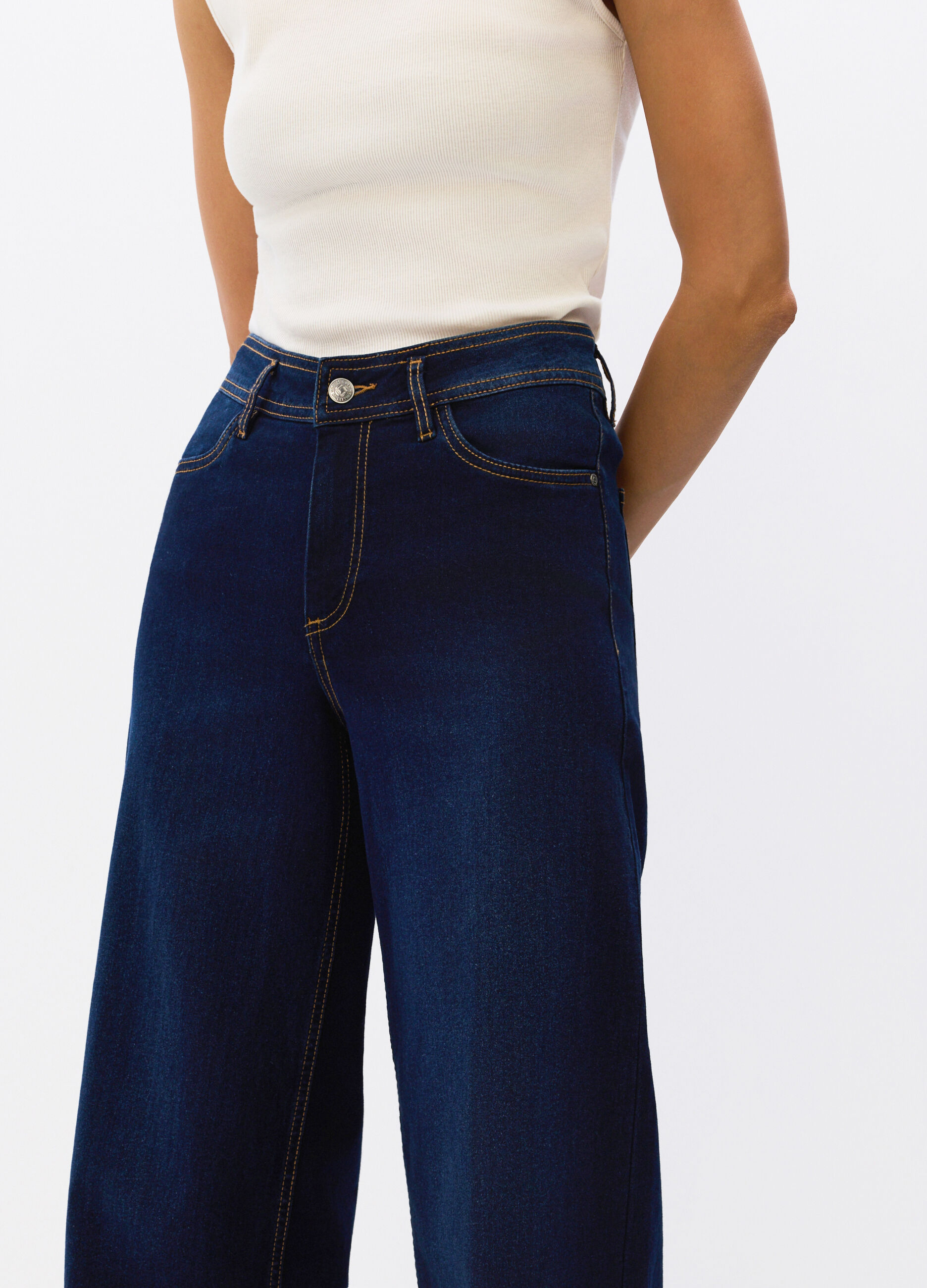 Pantaloni Culotte Fit in denim stretch misto cotone donna_3