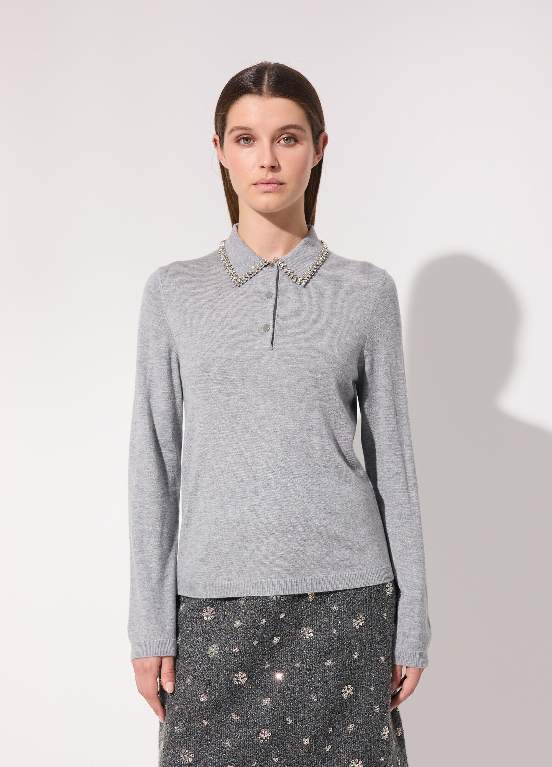 Polo in tricot misto lana a manica lunga donna_1