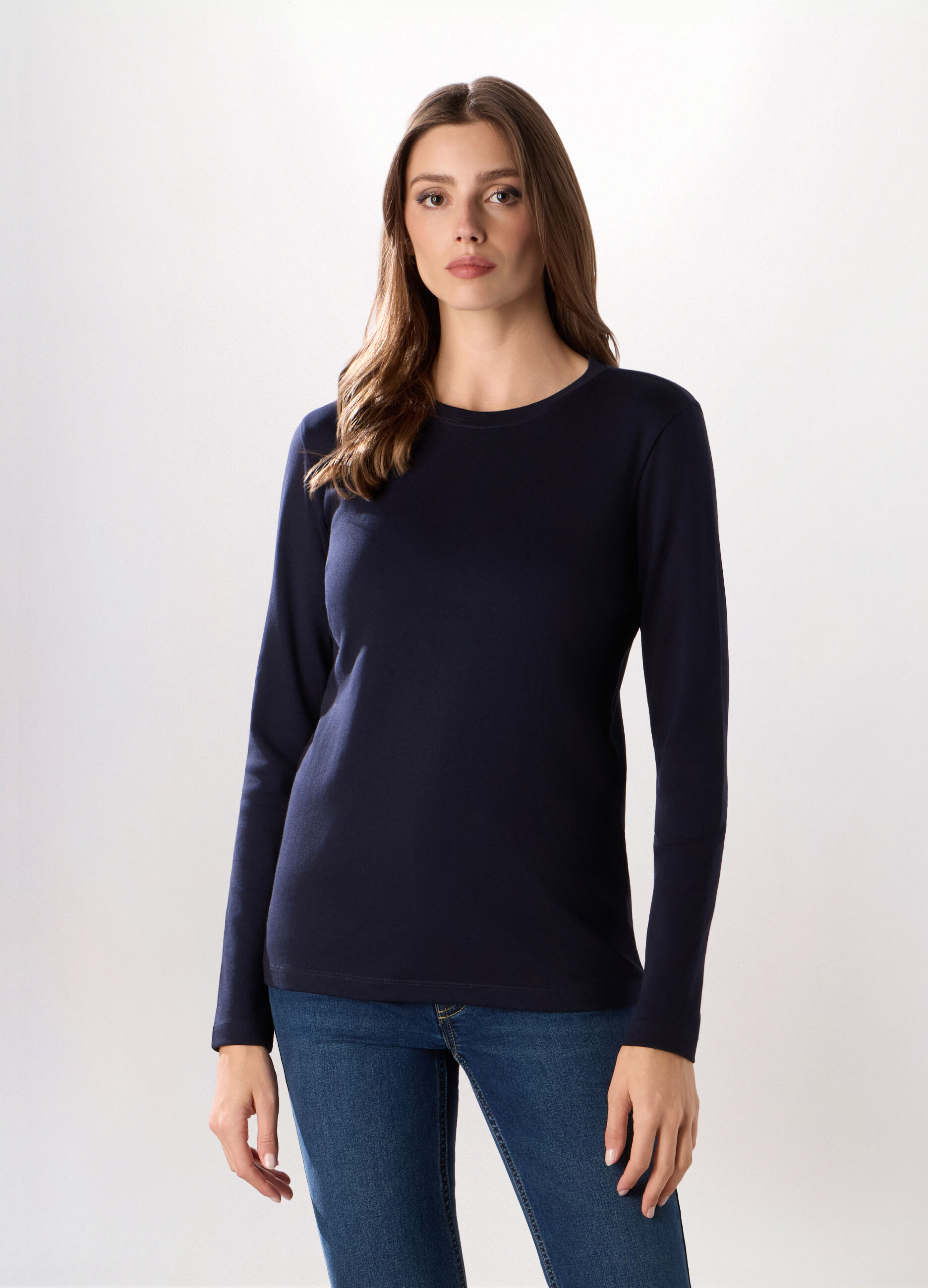 T-shirt a manica lunga in interlock di puro cotone donna_0