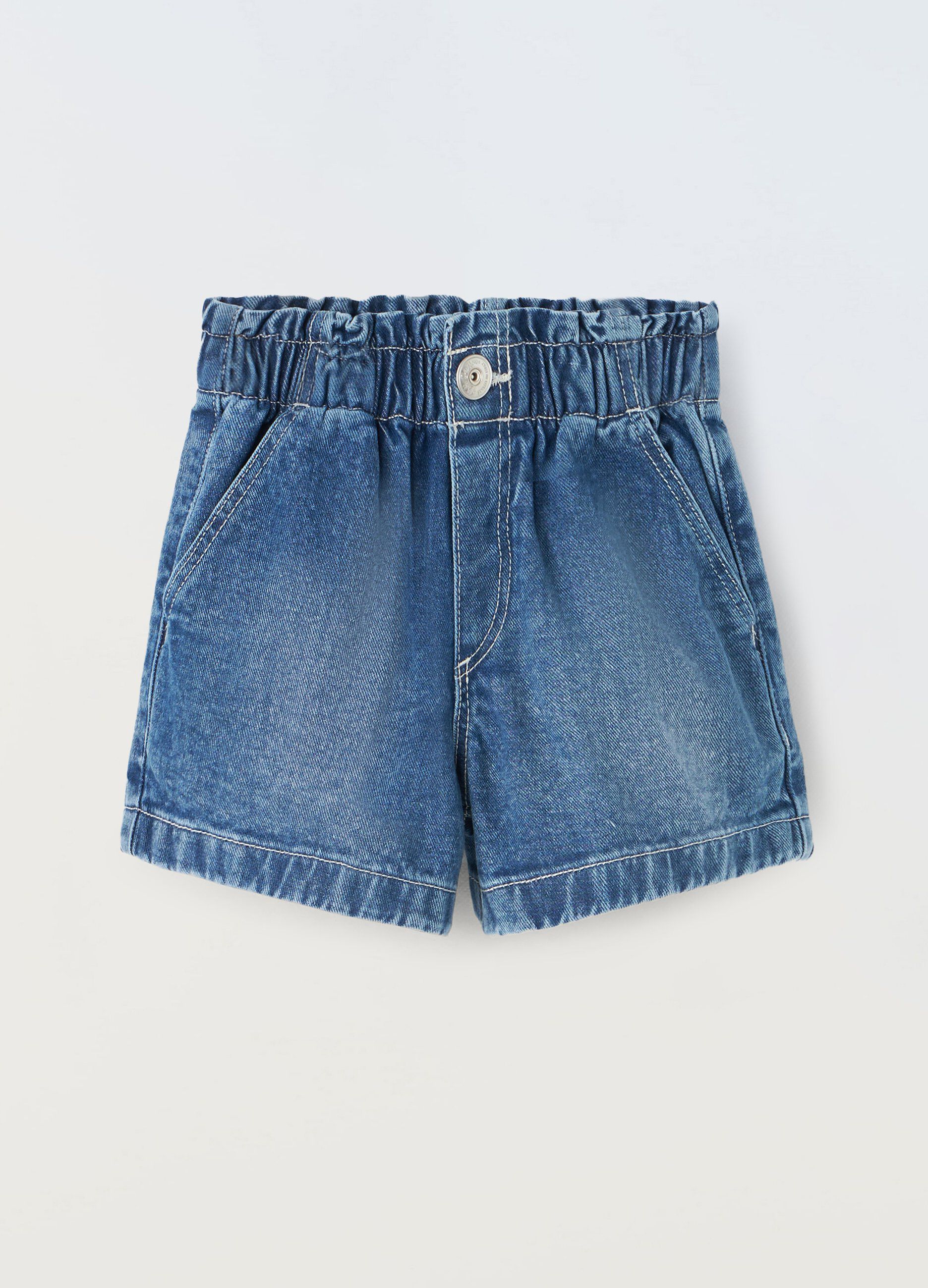 Shorts papperbag in denim di puro cotone bambina_0