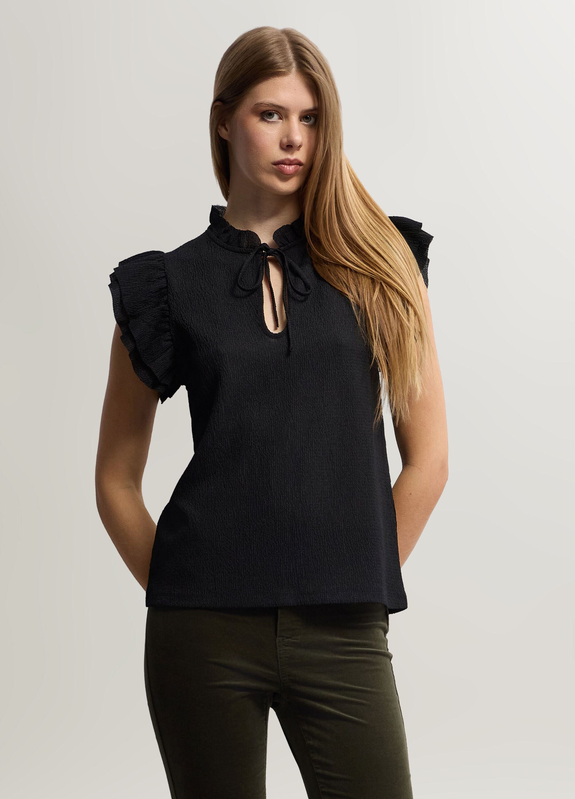 Blusa Fit Regular con scollo a goccia cr&ecirc;pe stretch donna_0