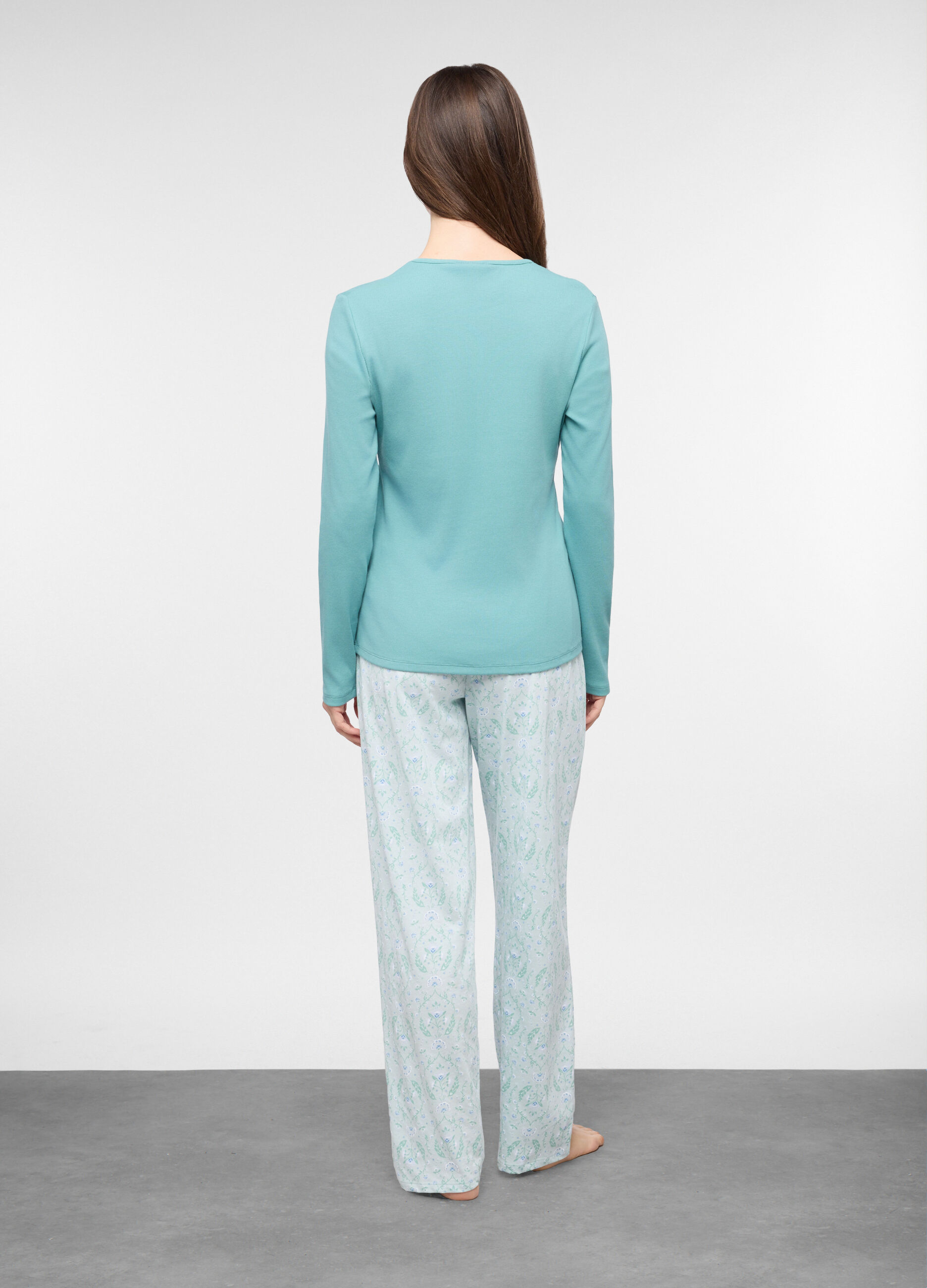 Set pigiama lungo in costina di cotone stretch donna_1