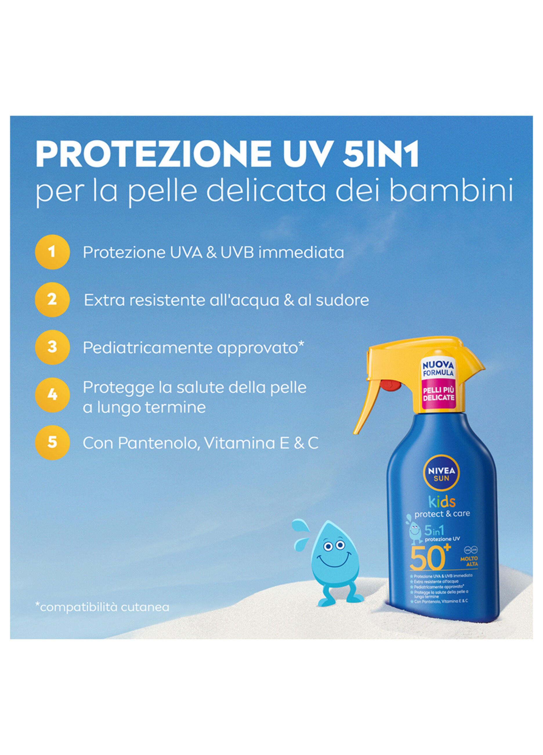 Nivea Sun Spray Solare Kids Protect & Care FP50+ 270 ml, Crema solare per bambini waterproof