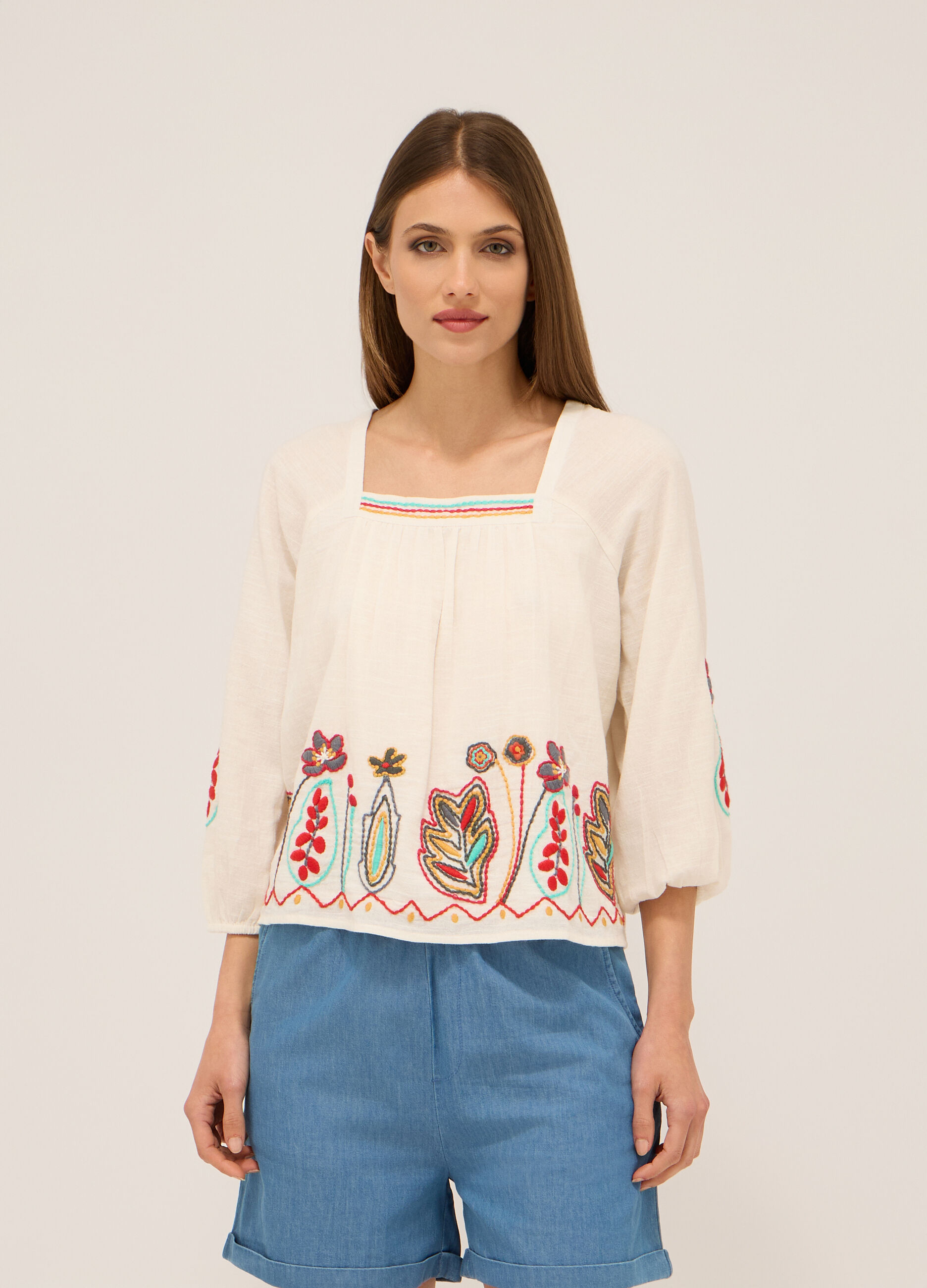 Blusa in puro cotone con ricami donna_0