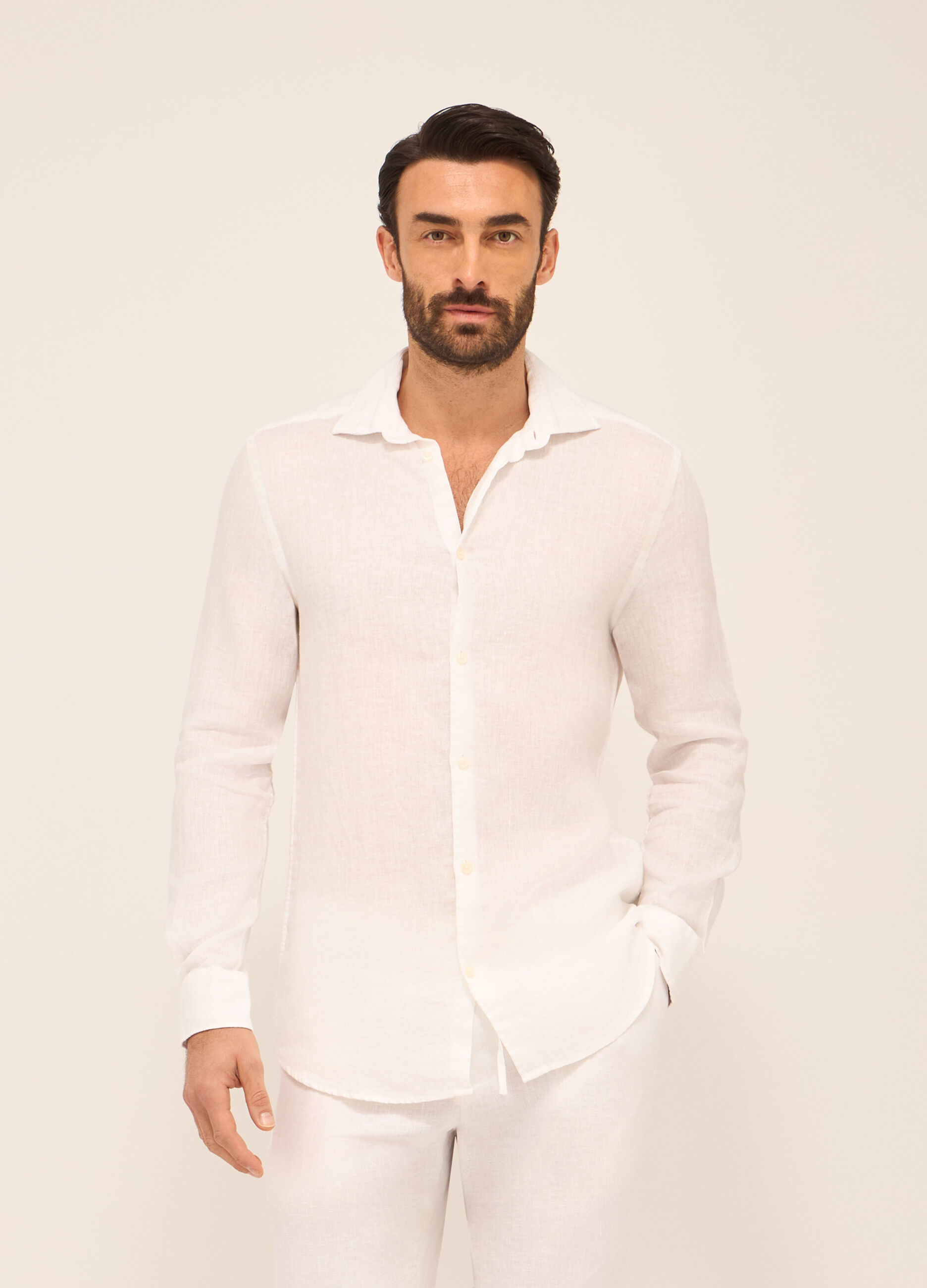 Camicia slim fit in lino a righe uomo_0