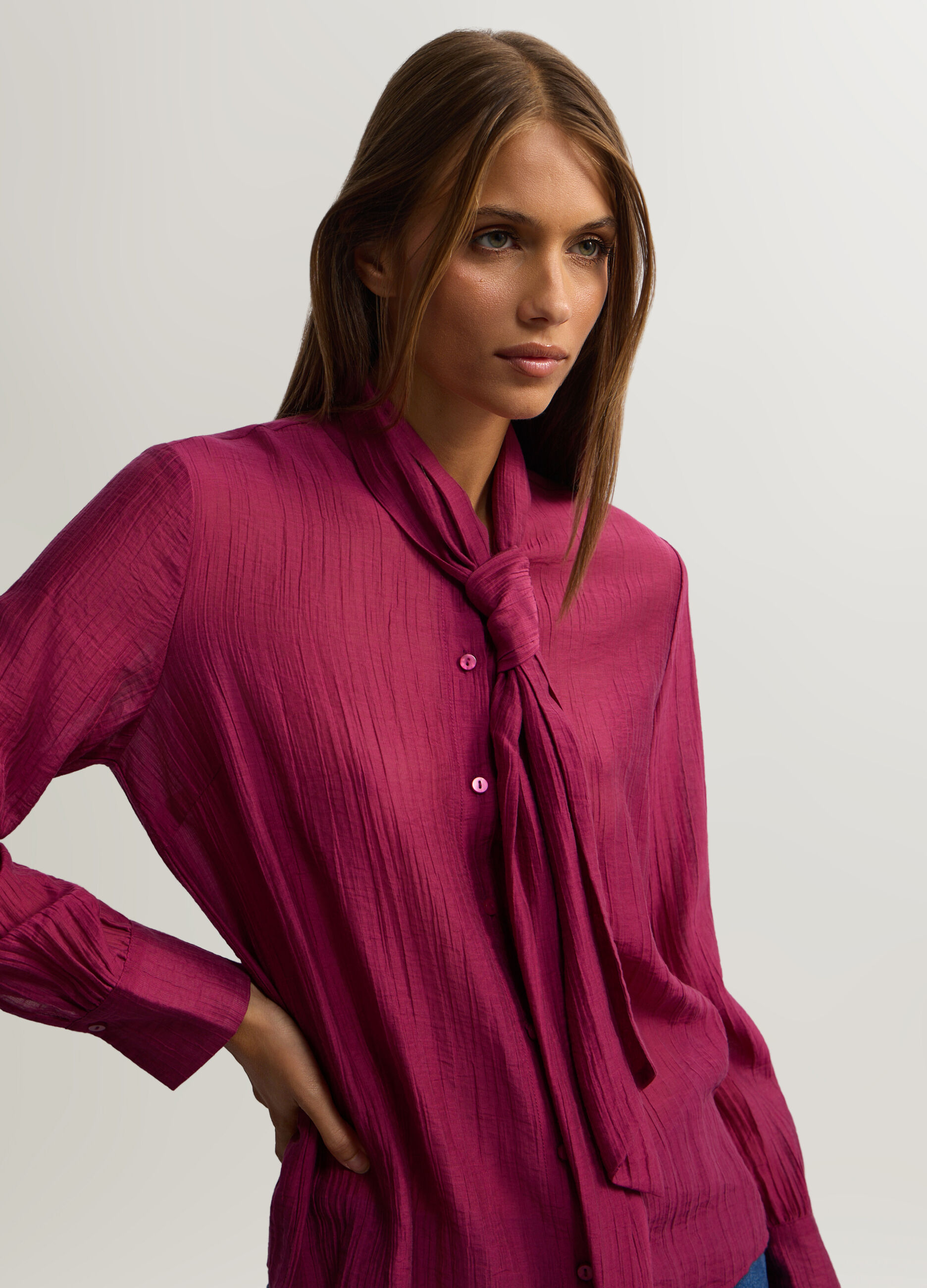 Camicia Fit Over con scollo con nodo in mista Lyocell donna_2