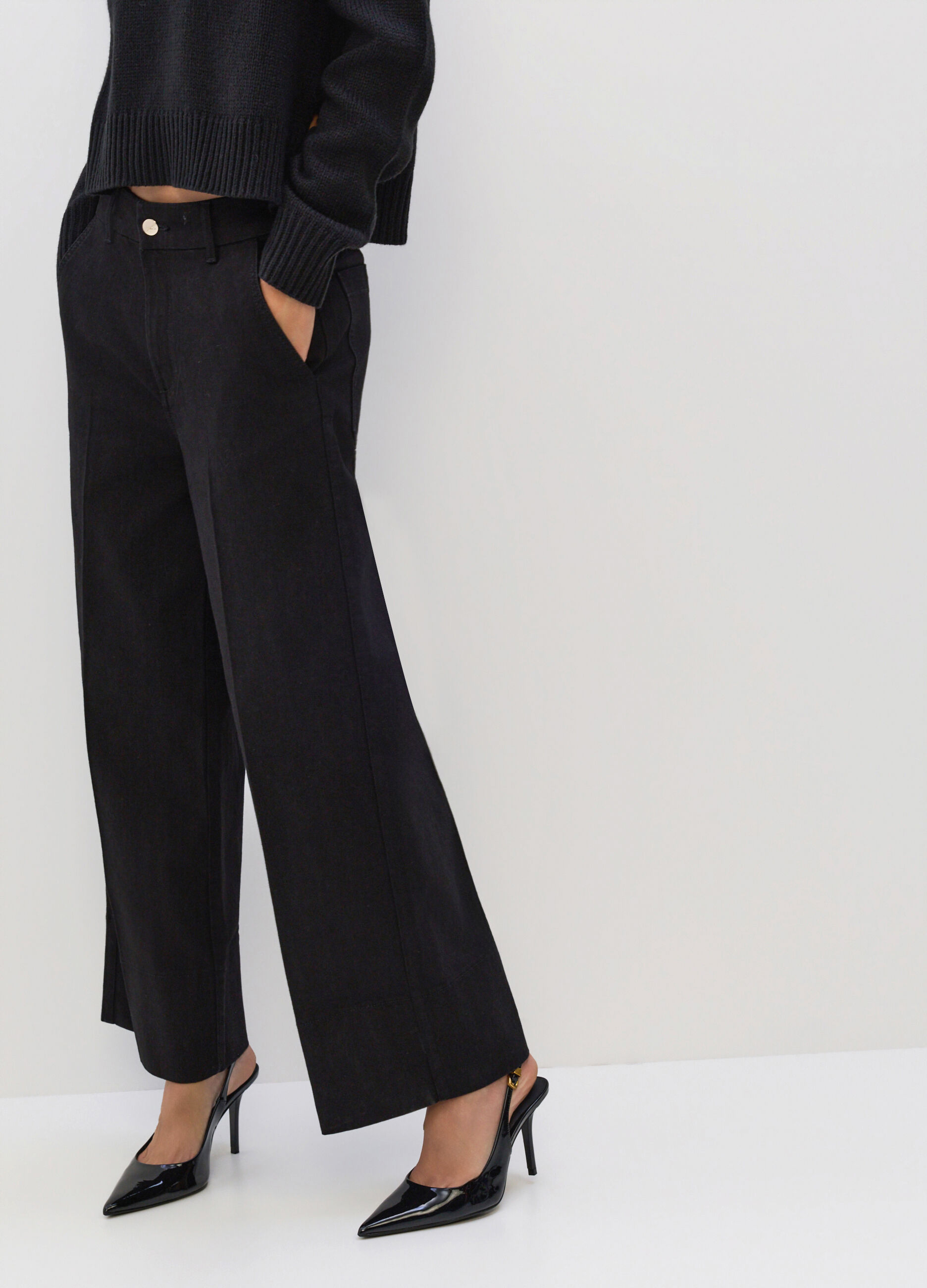 Pantaloni Wide Leg in denim di misto cotone stretch donna_2