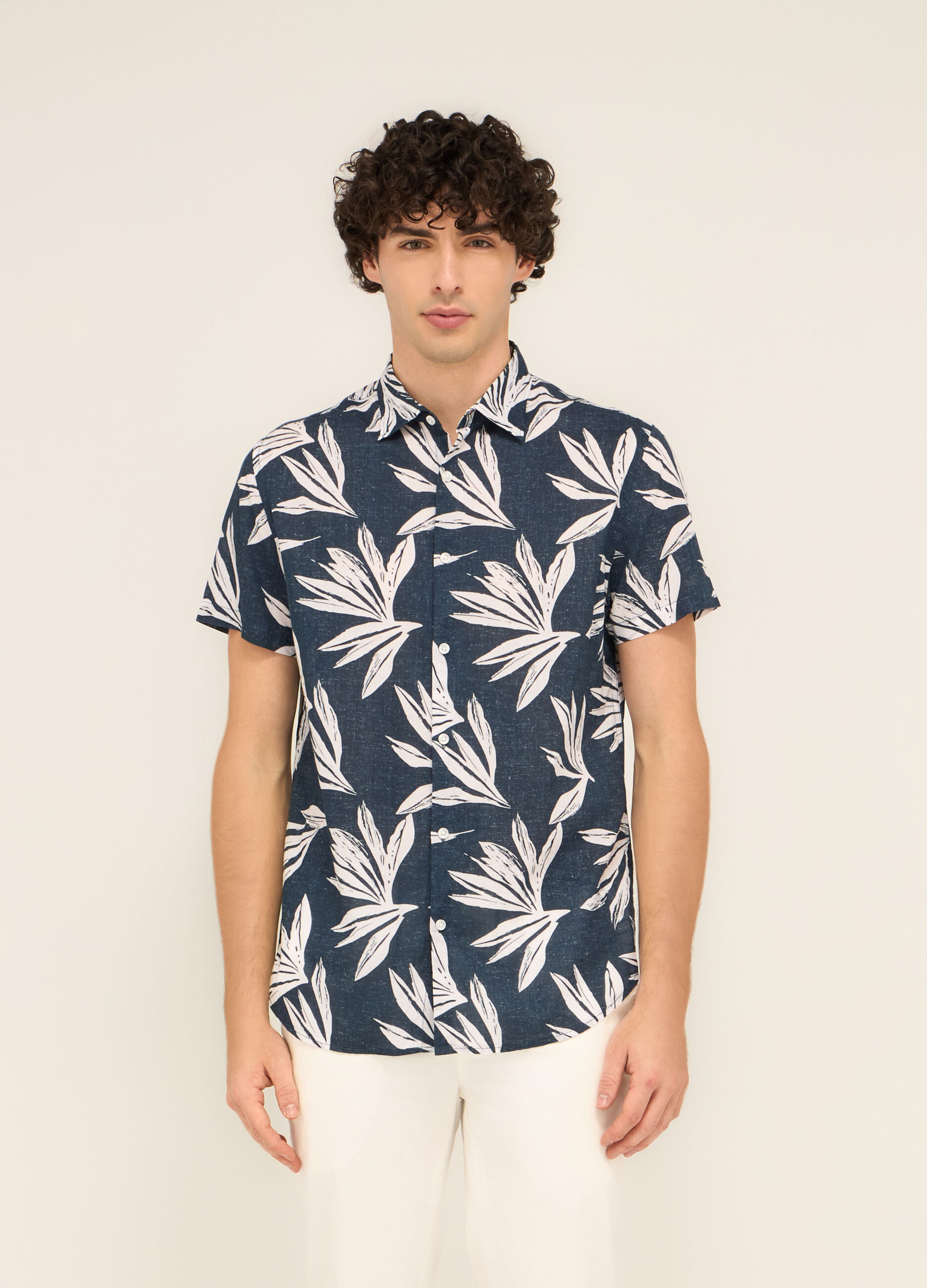 Camicia a maniche corte in cotone con stampa uomo_0