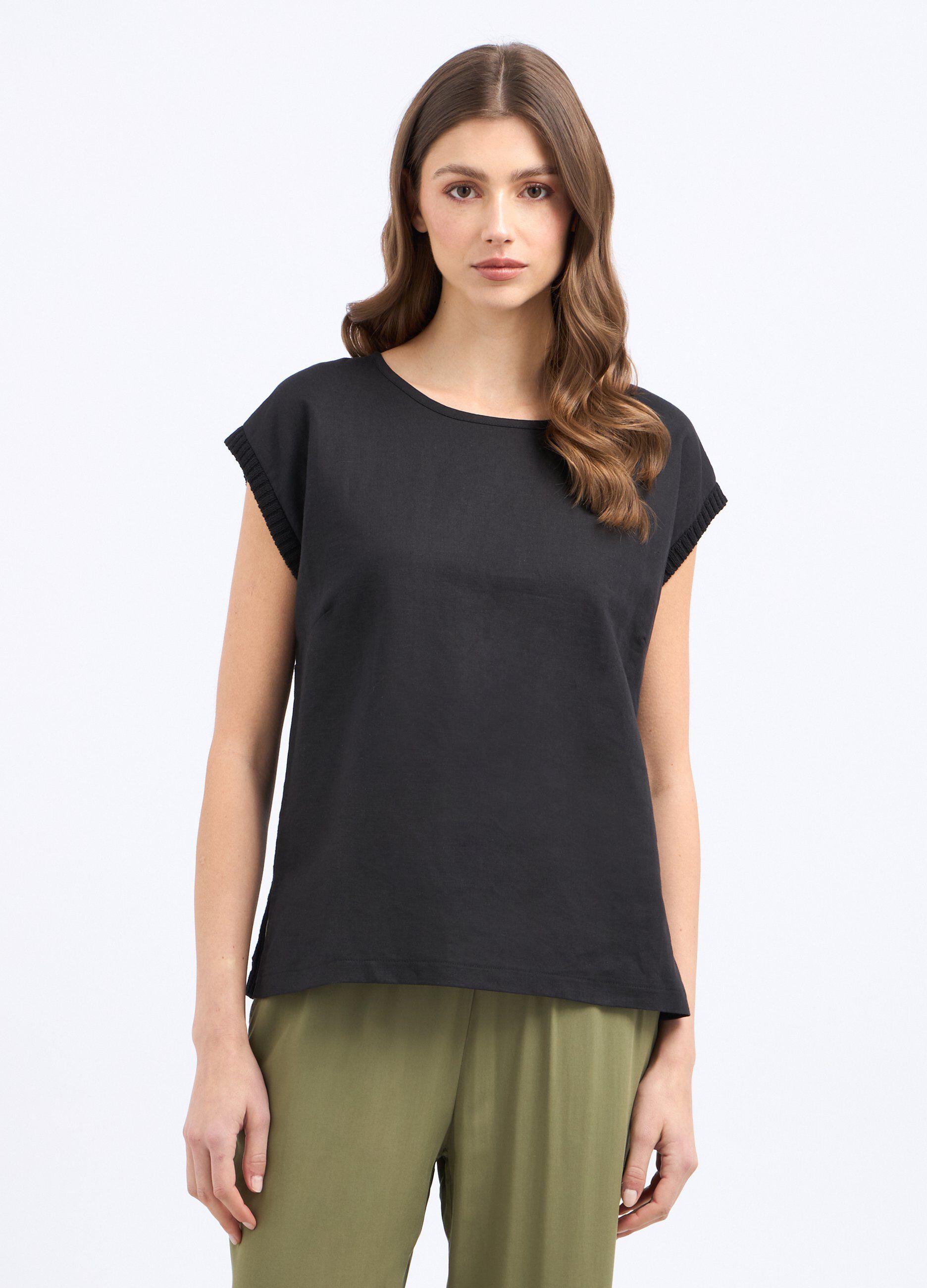 T-shirt in misto lino con inserti tricot donna_0