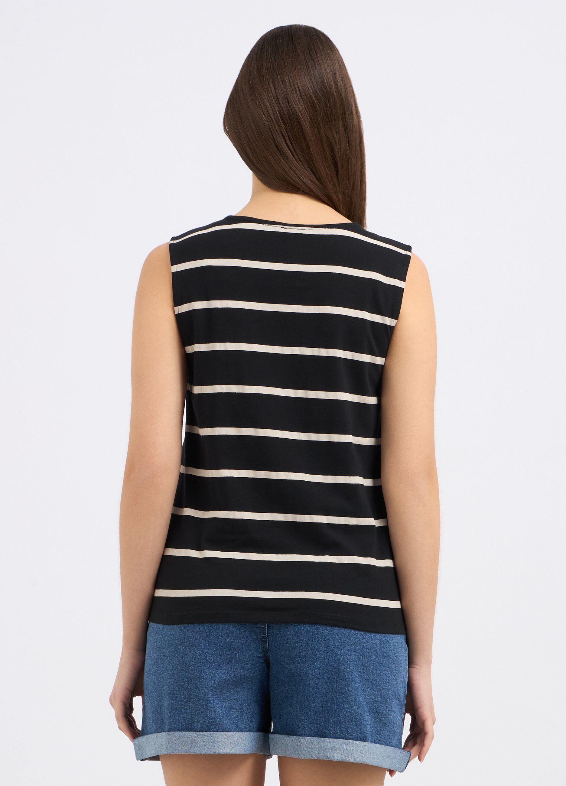 T-shirt smanicata a righe in puro cotone donna_1