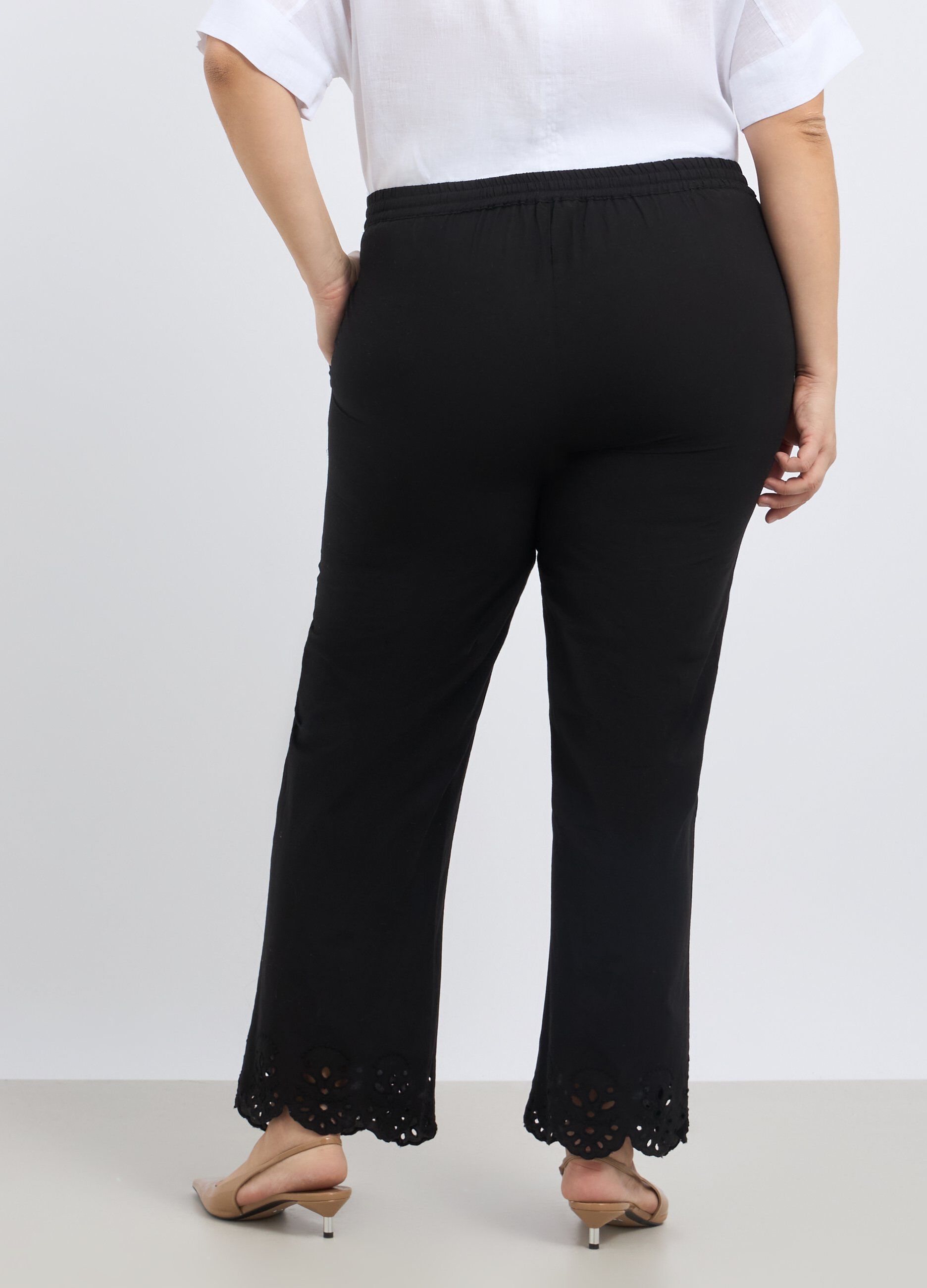 Pantaloni in puro cotone con ricamo donna curvy_1