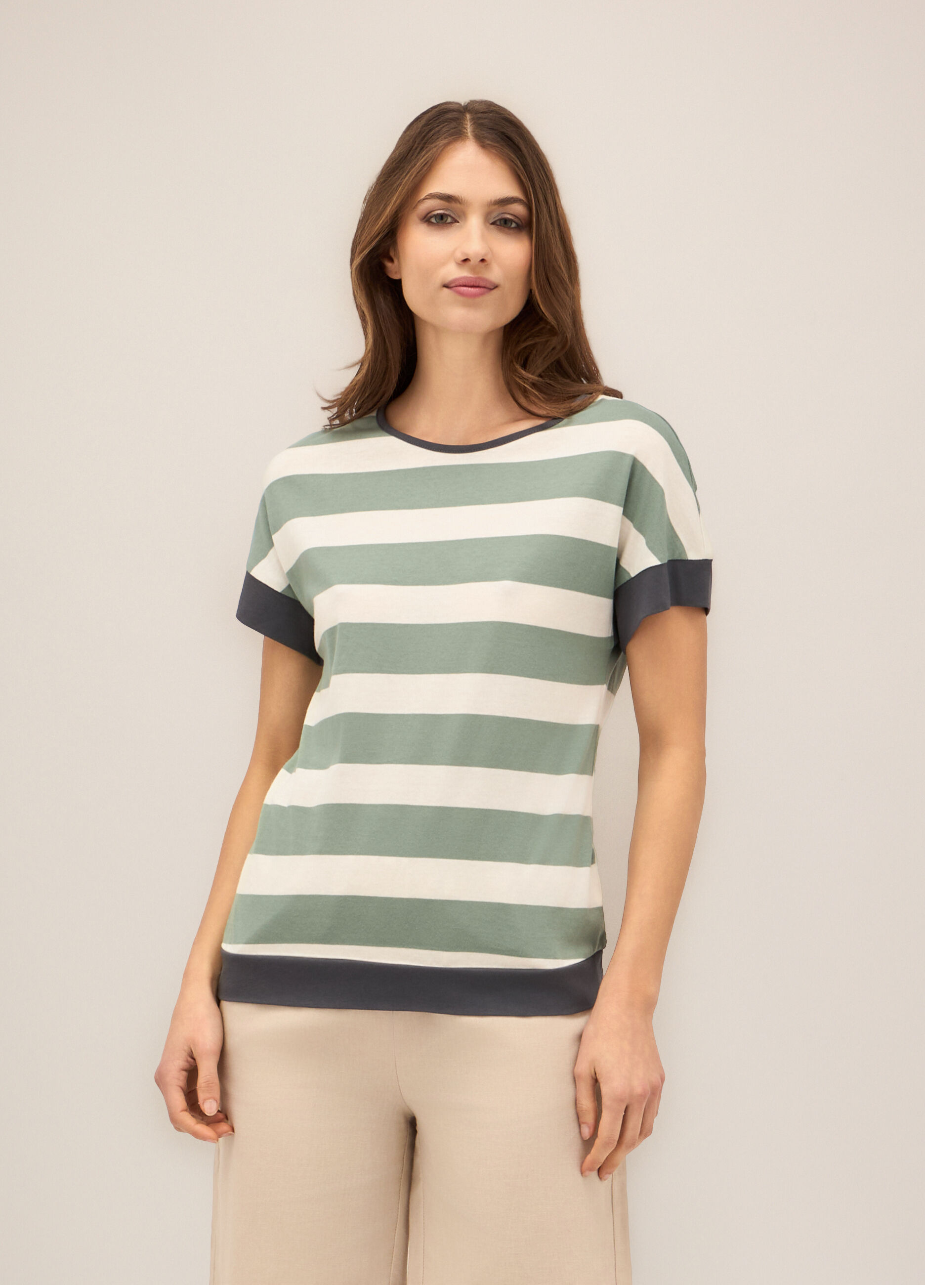 T-shirt a righe in puro cotone donna_0