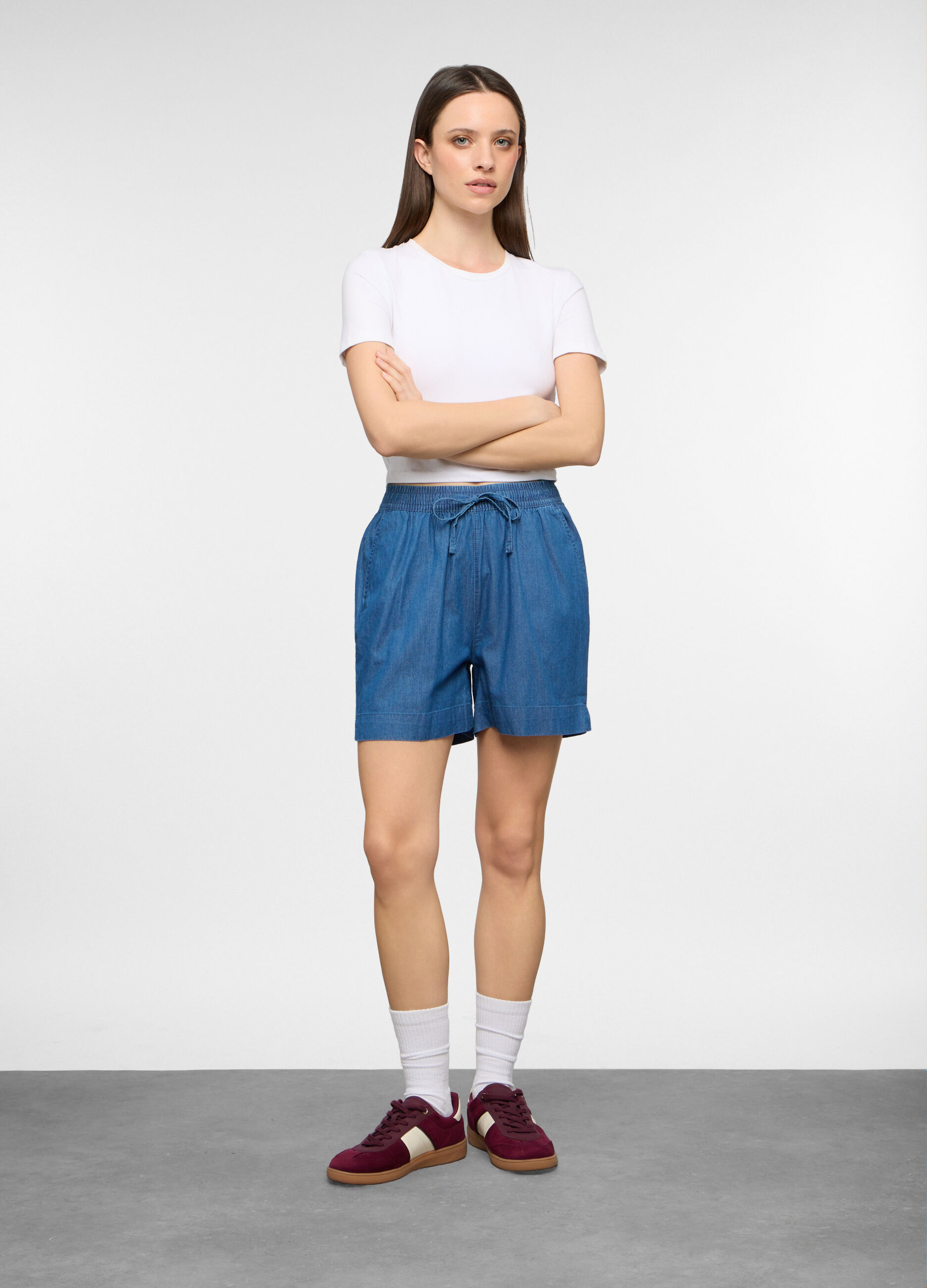 Short Fit regular con vita elasticata in denim donna_0