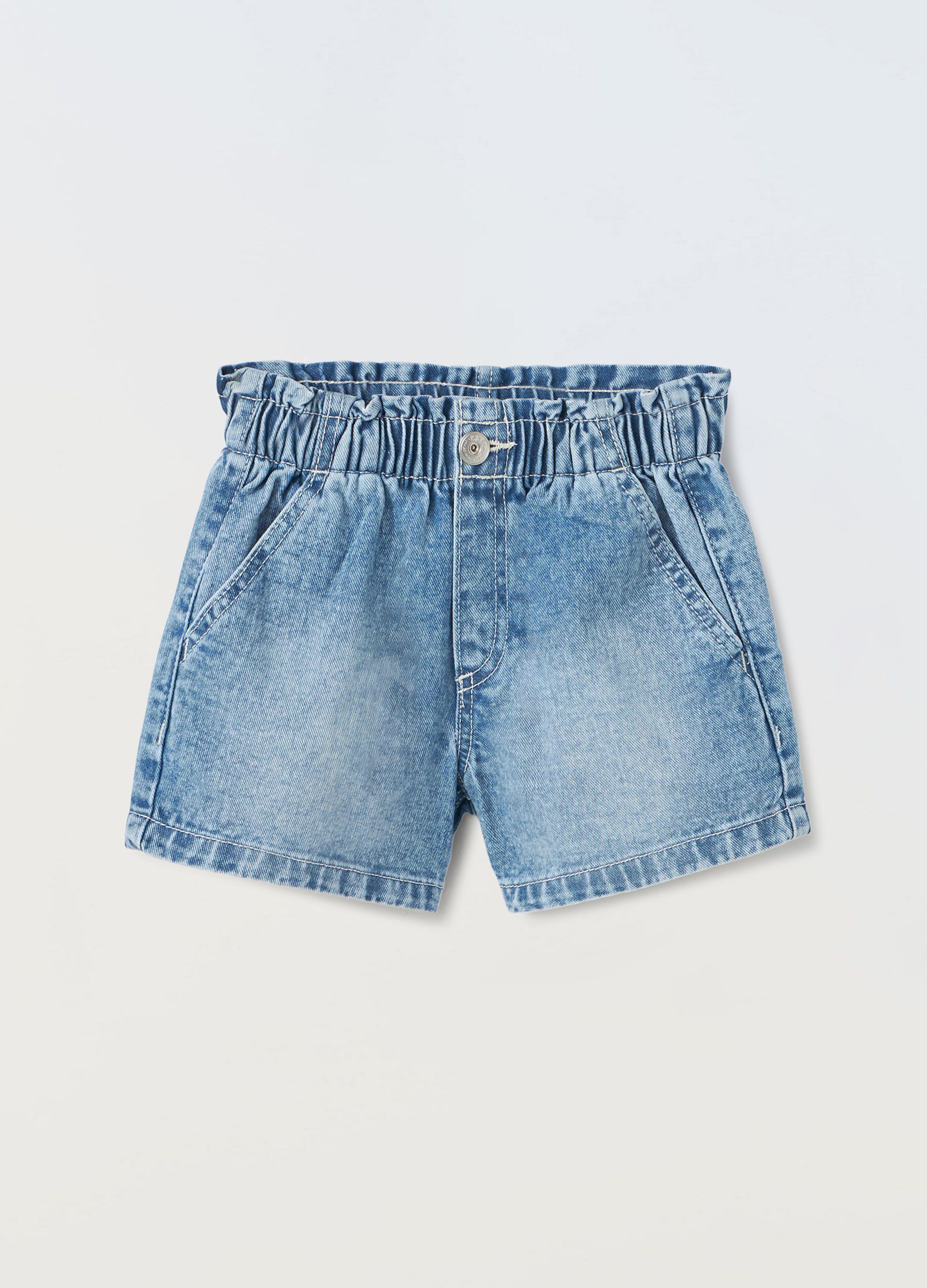Shorts papperbag in denim di puro cotone bambina_0