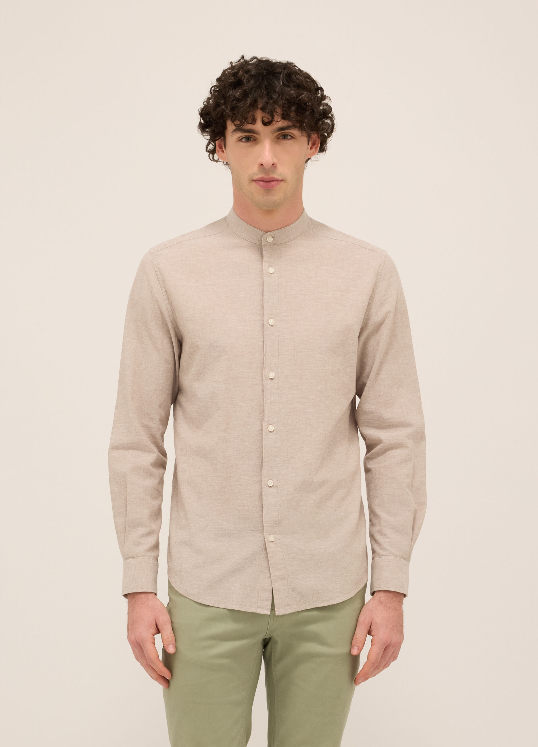 Camicia colletto alla coreana in cotone e lino uomo_0