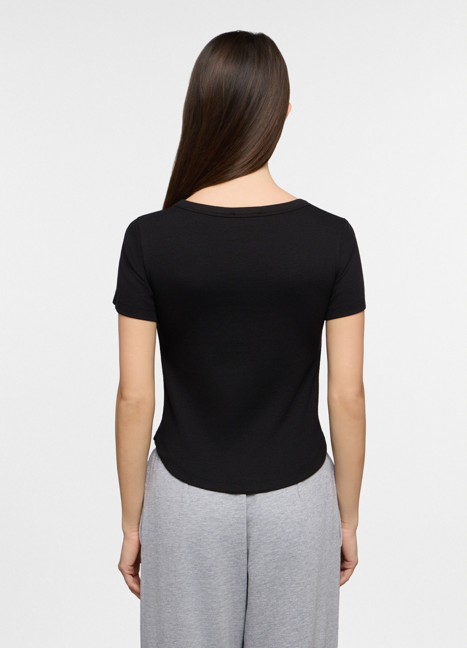 T-shirt con scollo rotondo in costina stretch donna_1
