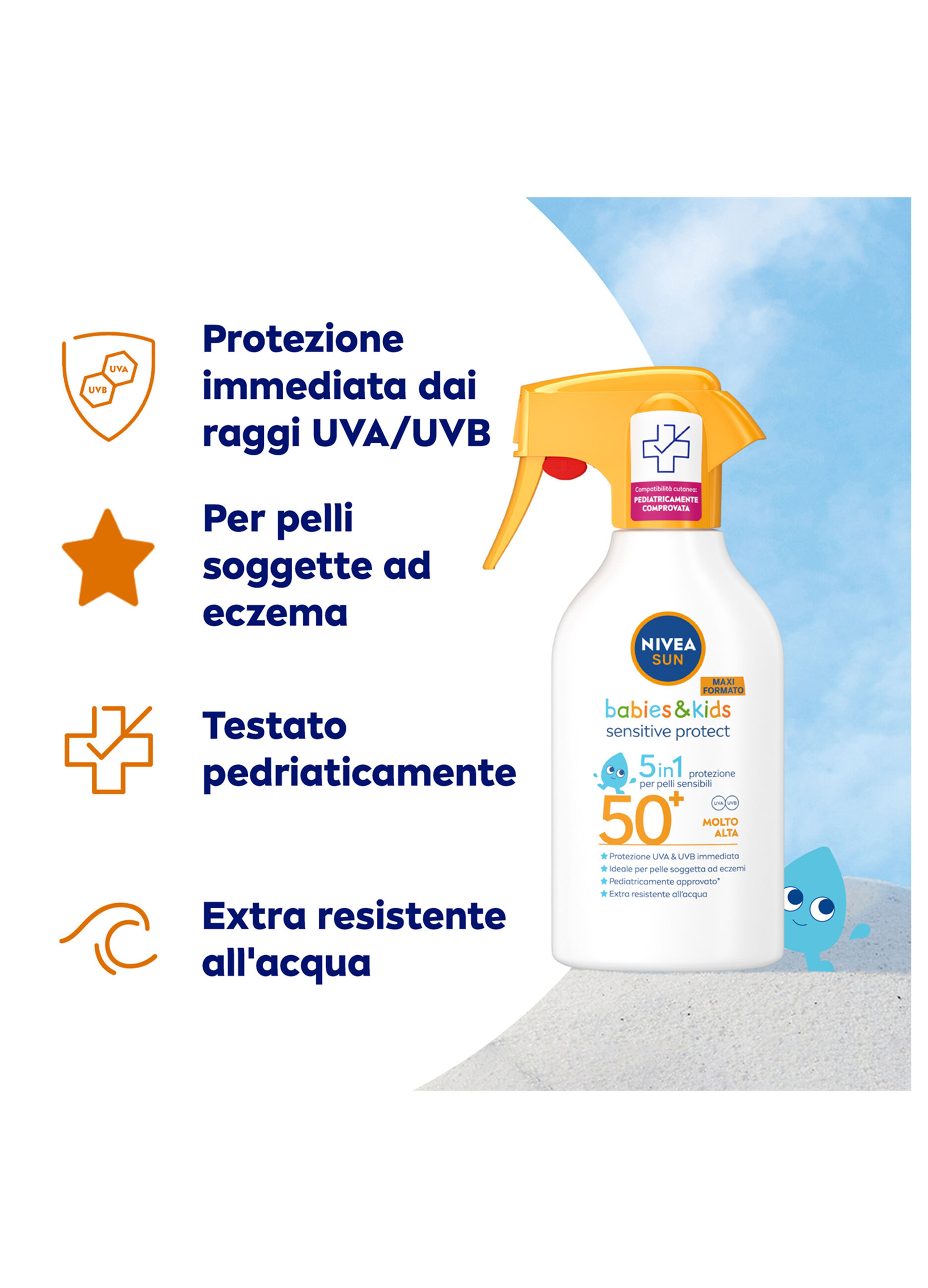 Nivea Sun Spray Solare Kids Sensitive Protect FP50+ 270 ml, Crema solare per bambini e neonati