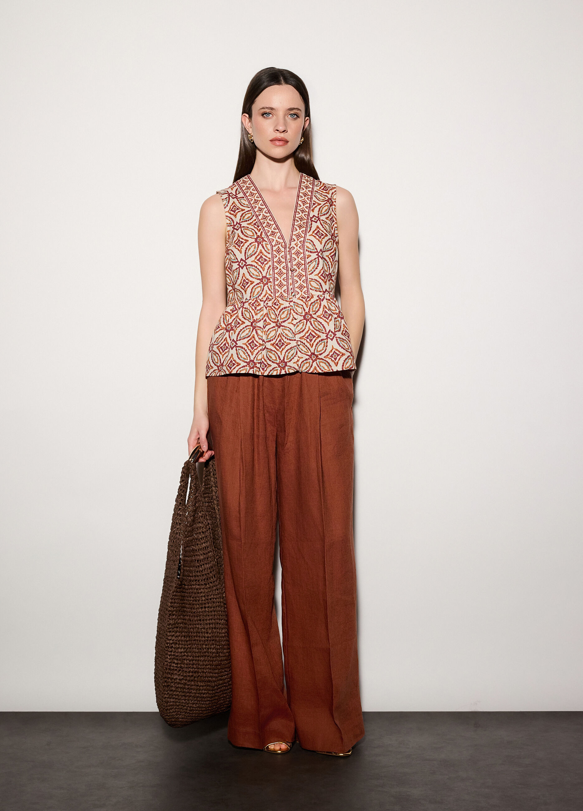 Pantaloni palazzo wide leg in puro lino donna_0