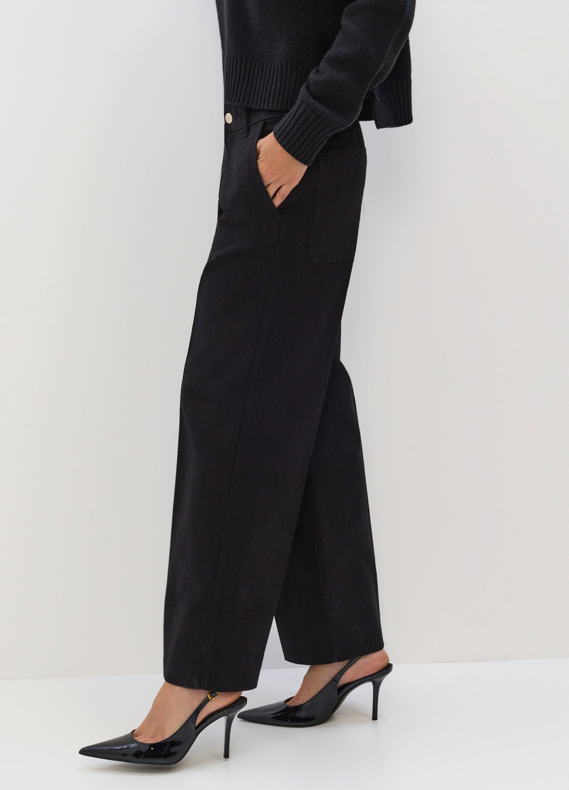 Pantaloni Wide Leg in denim di misto cotone stretch donna_3