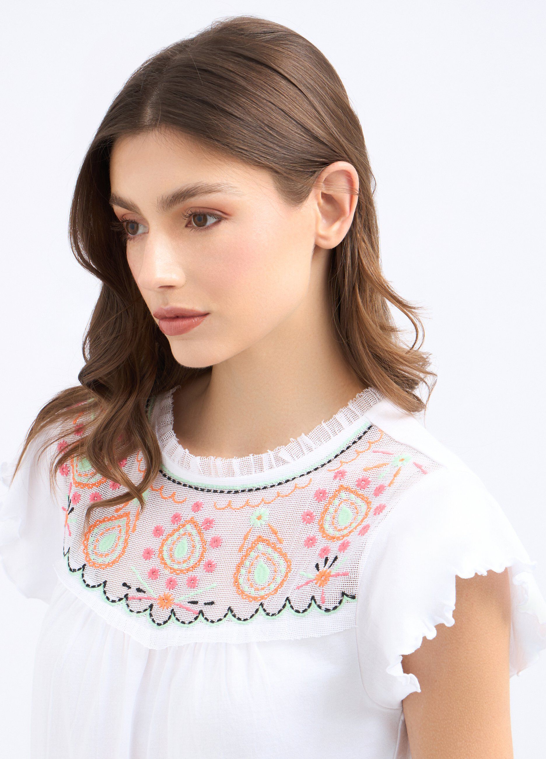 T-shirt con inserto ricamato in puro cotone donna
