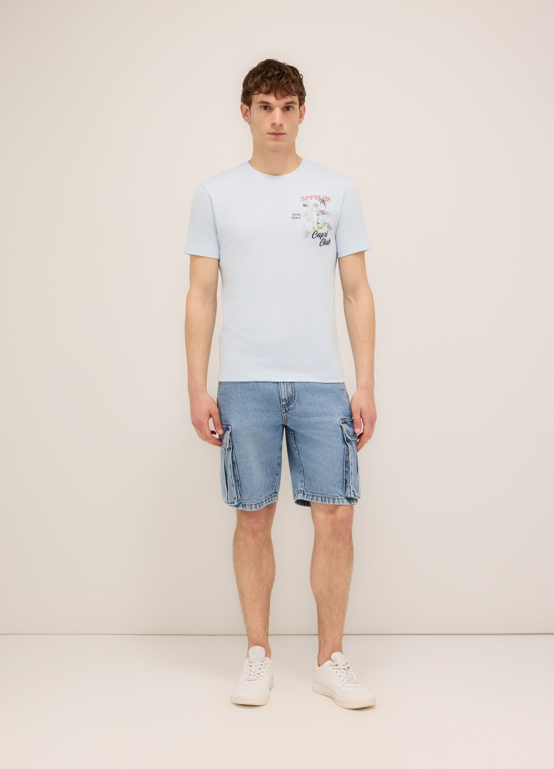 Bermuda cargo in denim di puro cotone uomo_0