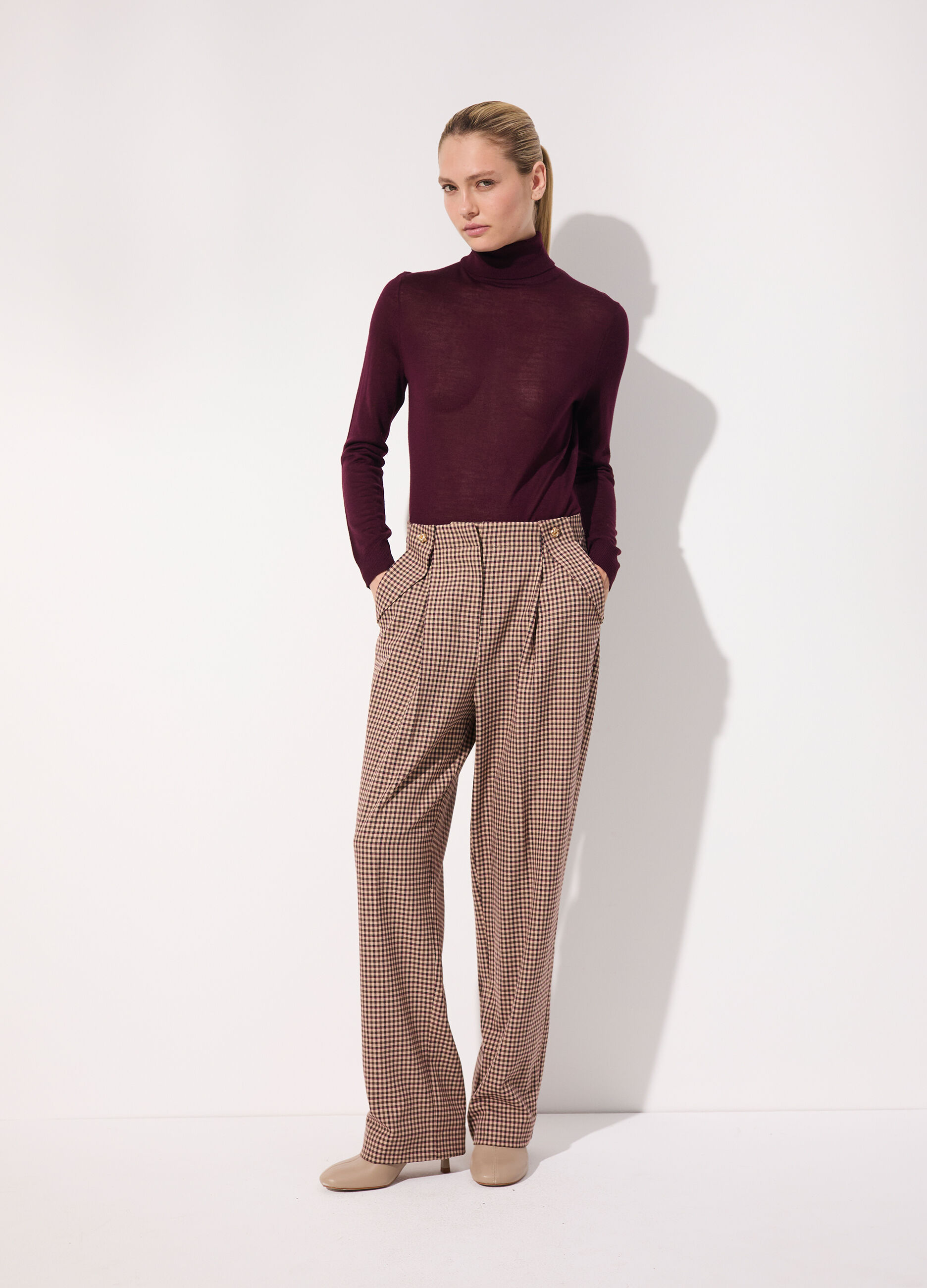 Pantalone a vita alta a quadretti donna_0
