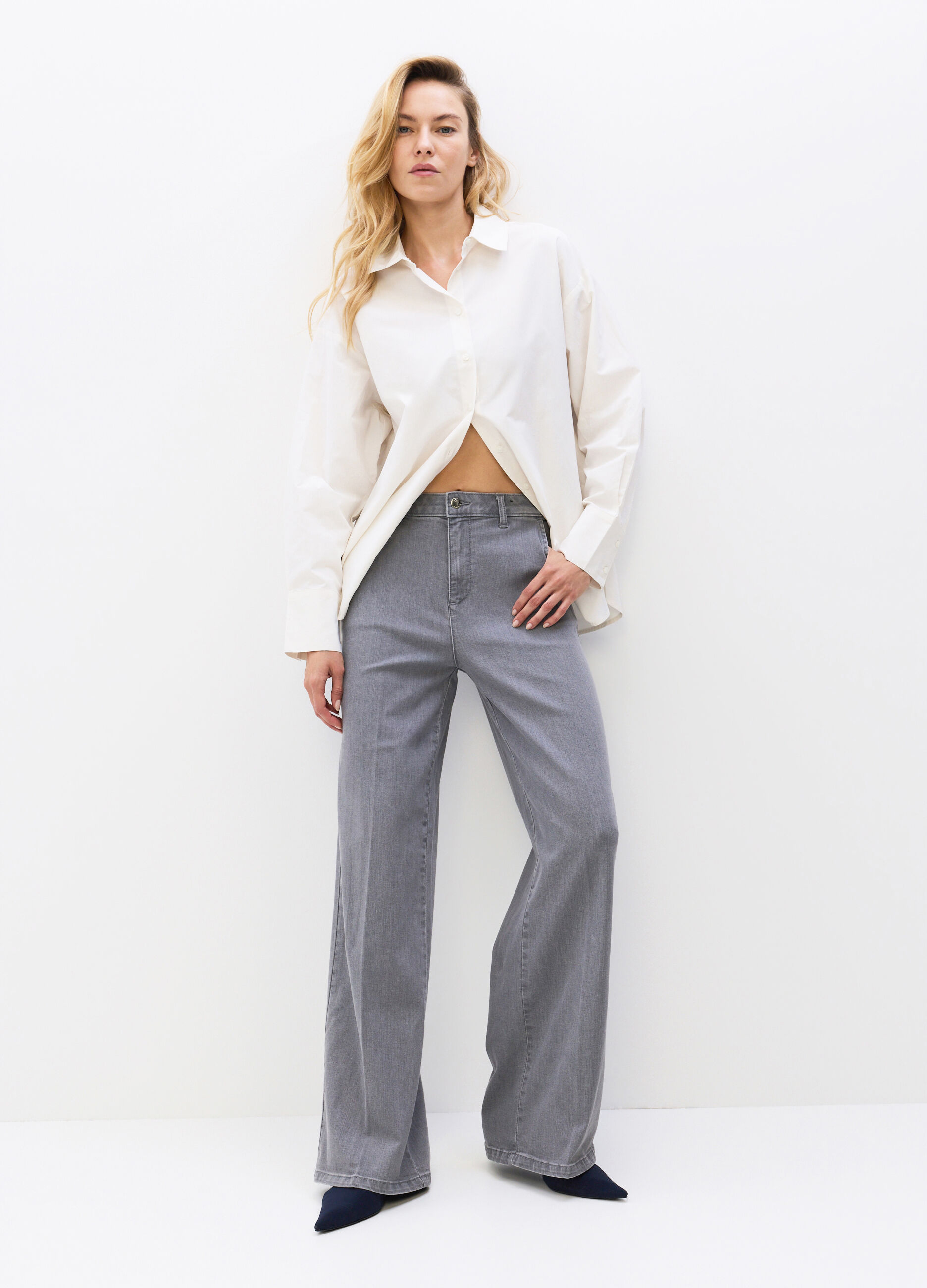 Pantaloni Wide Leg in denim di cotone stretch donna_0