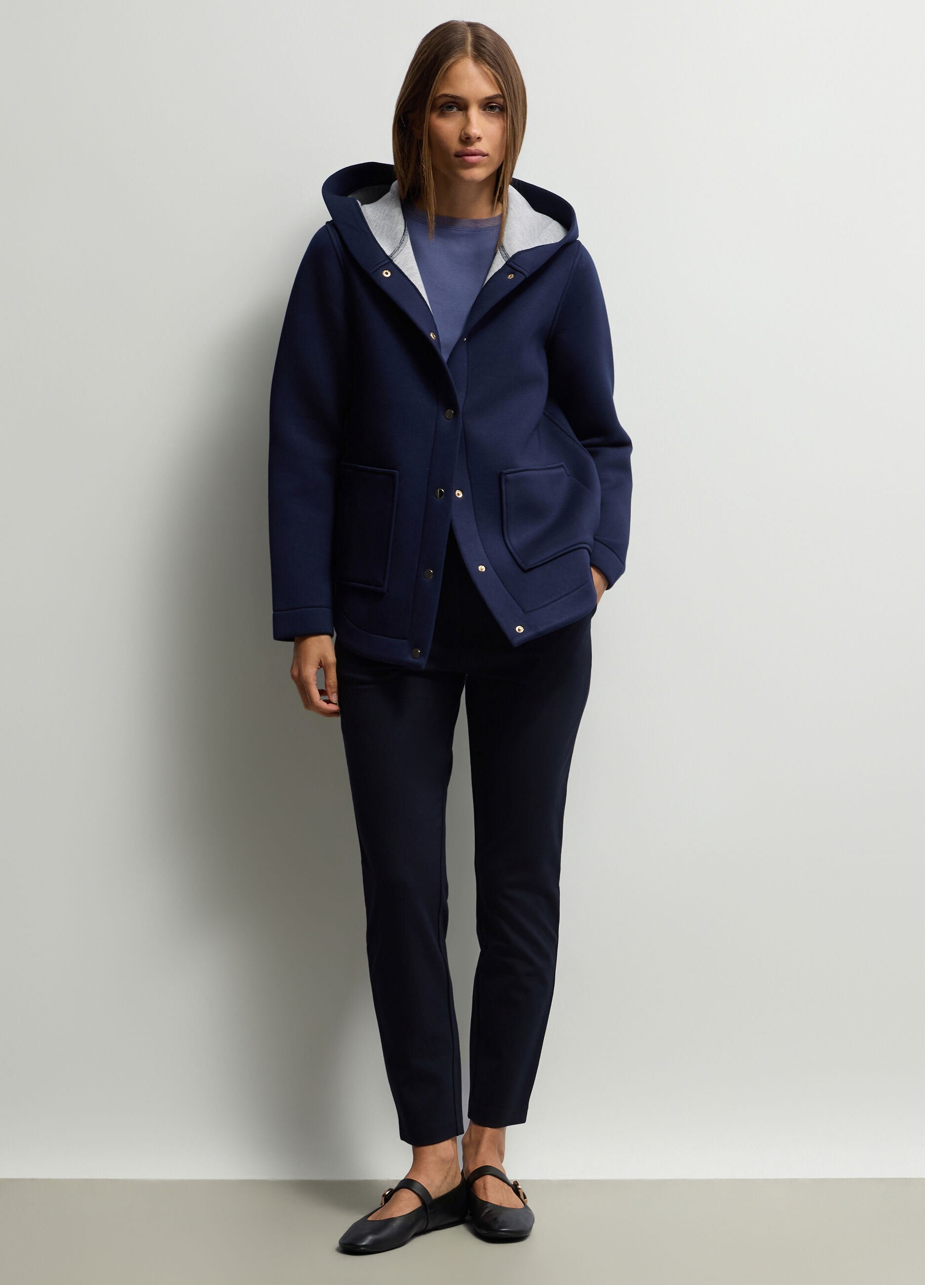 Giacca con cappuccio in viscosa stretch donna_0