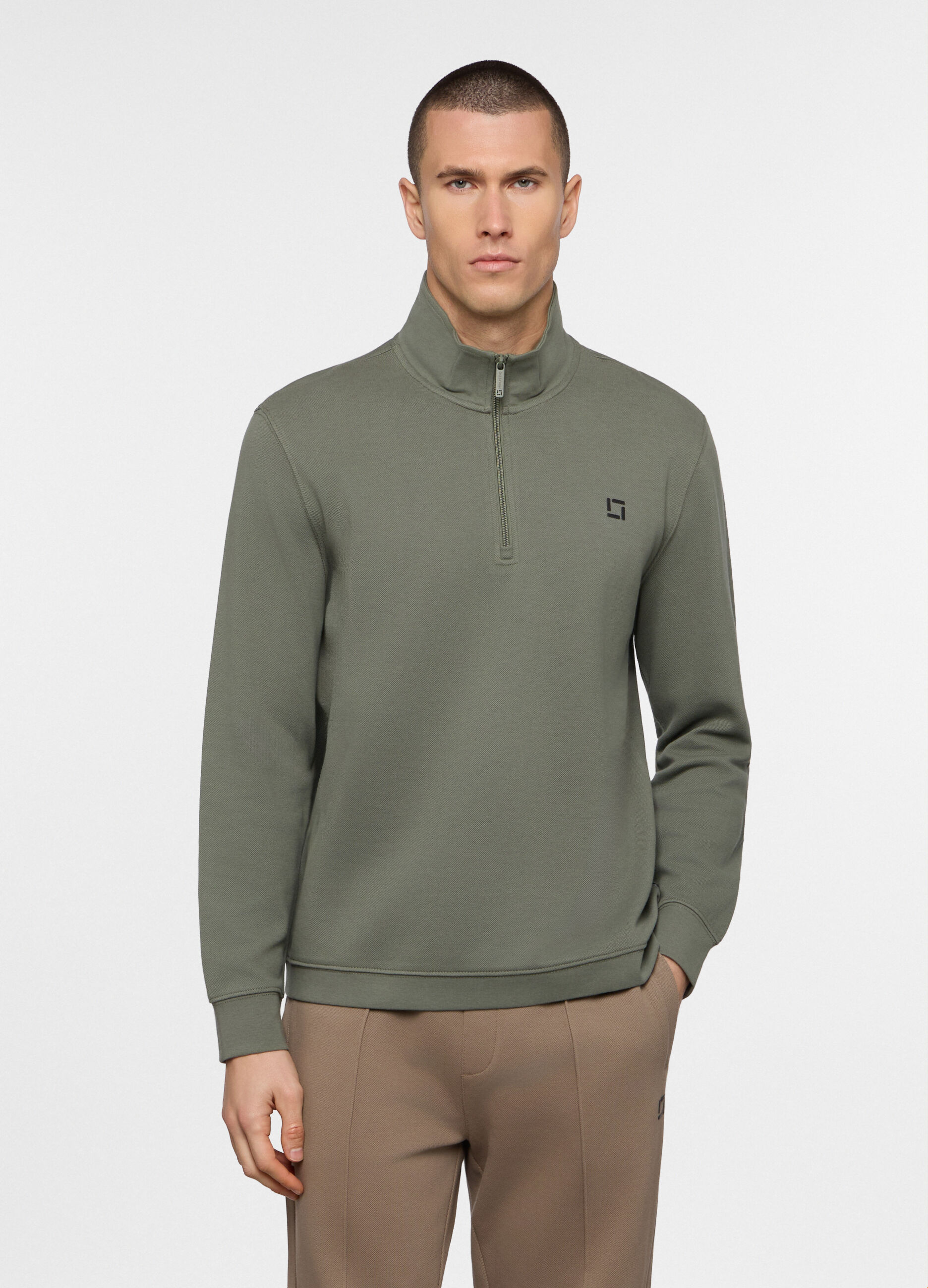 Felpa con mezza zip in piquet misto cotone uomo_0