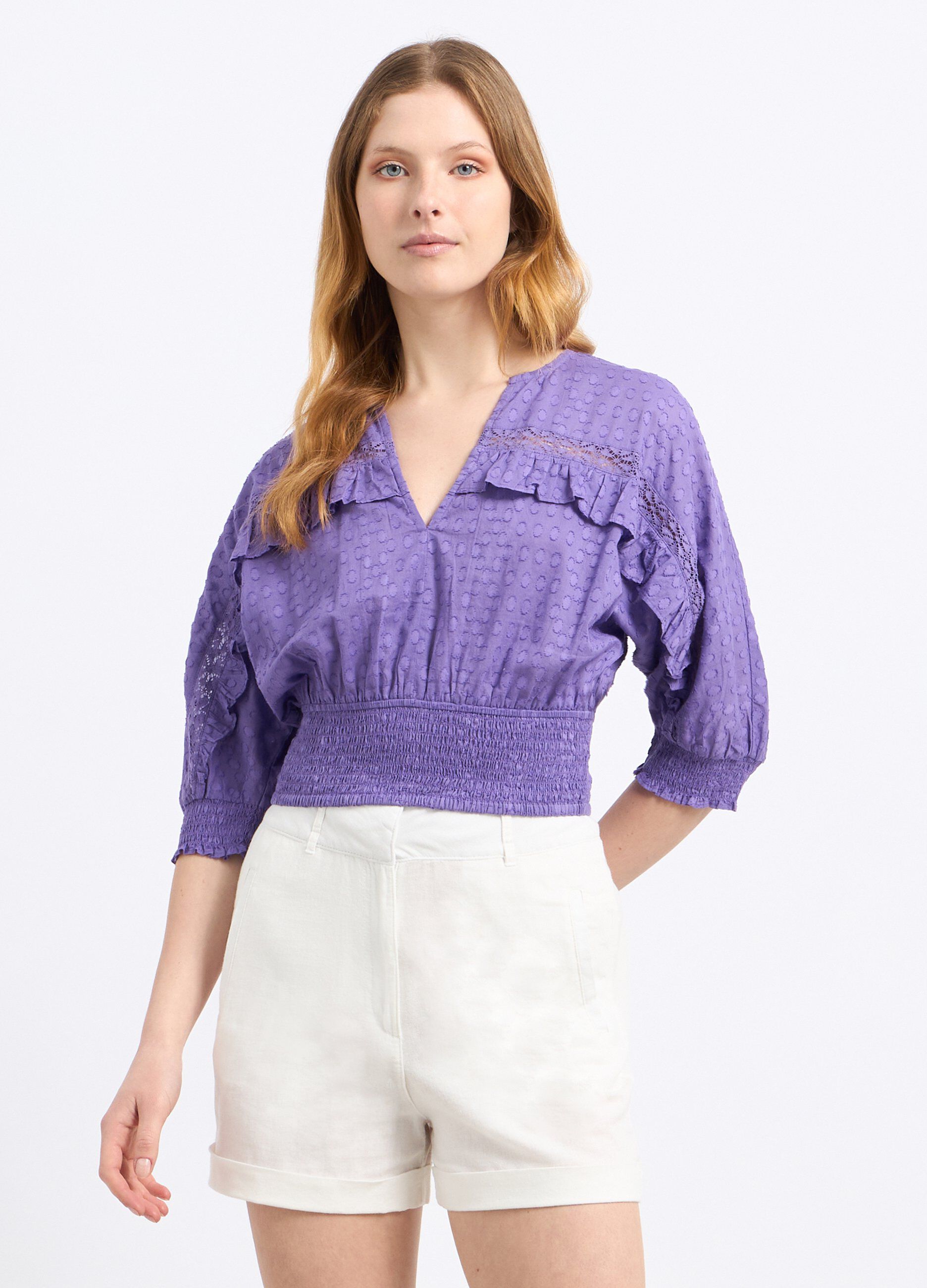Blusa cropped in puro cotone con lavorazione jacquard donna_0