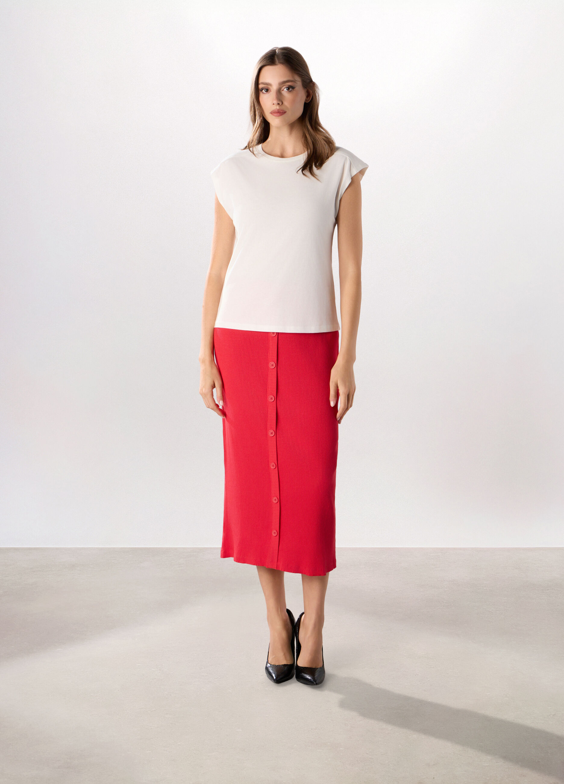 Gonna lunga in costina di cotone stretch donna_0