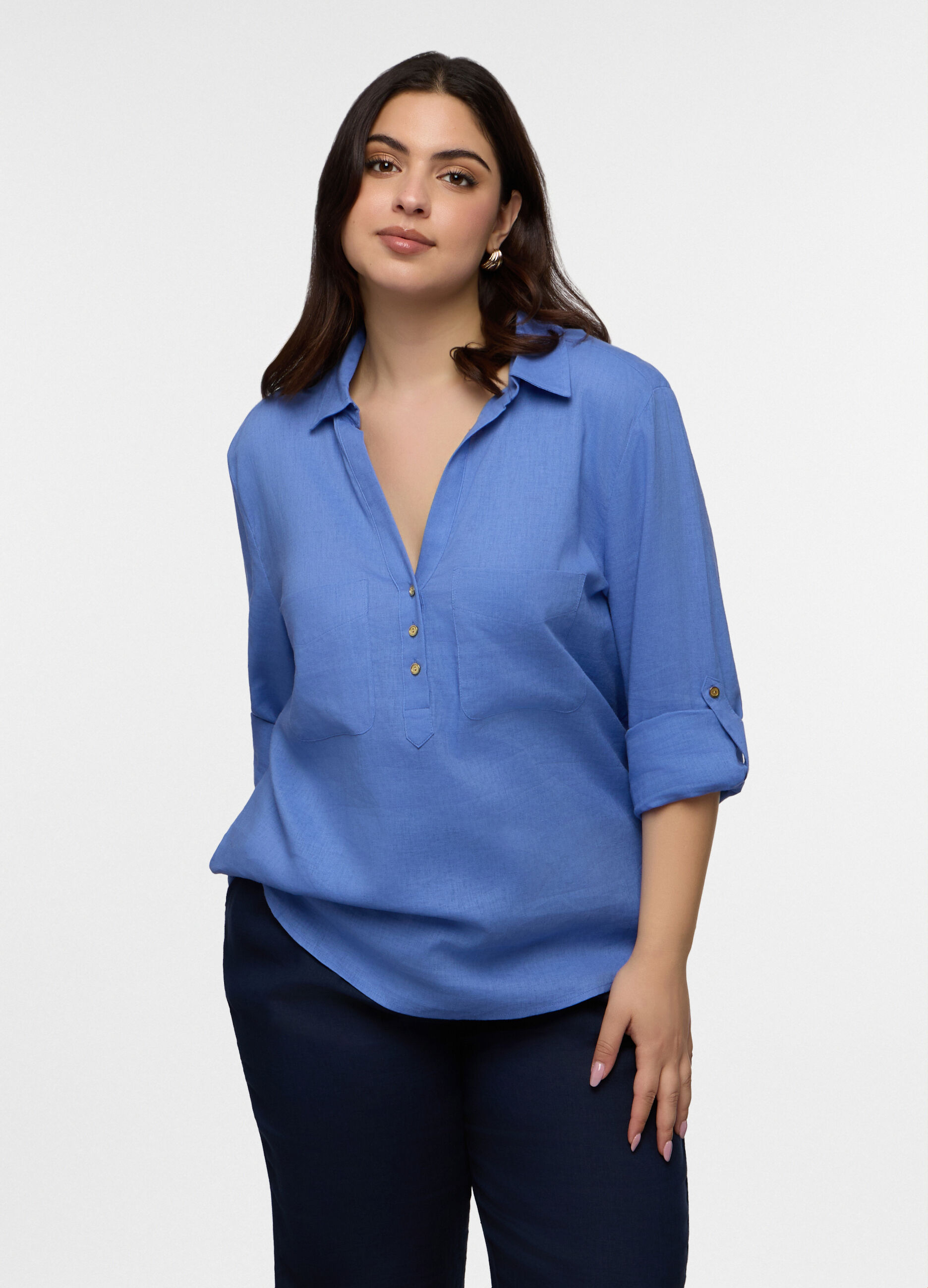 Blusa Fit Regular con scollo a V misto lino donna curvy_0