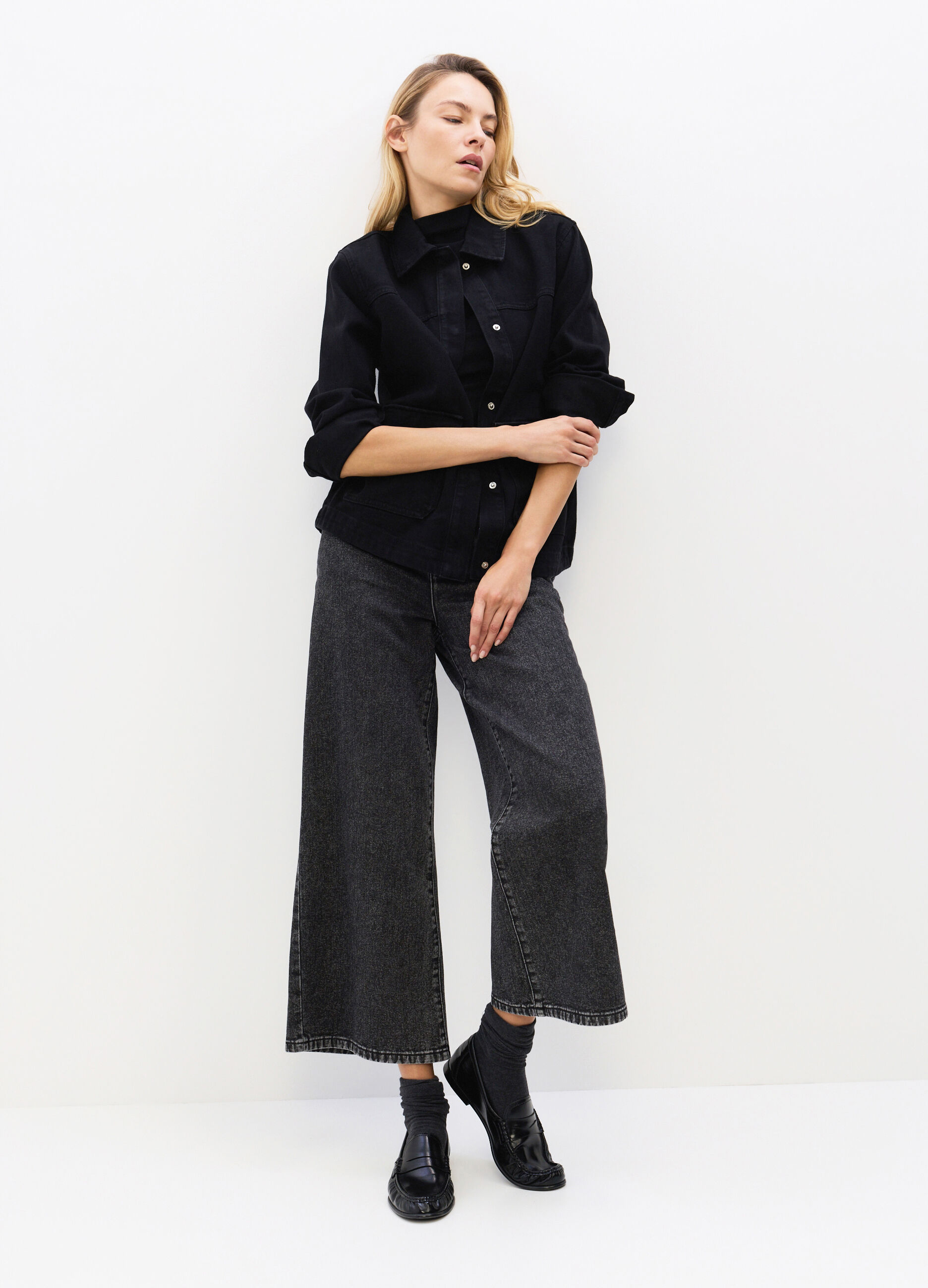 Pantaloni Culotte Fit in denim di puro cotone donna_4