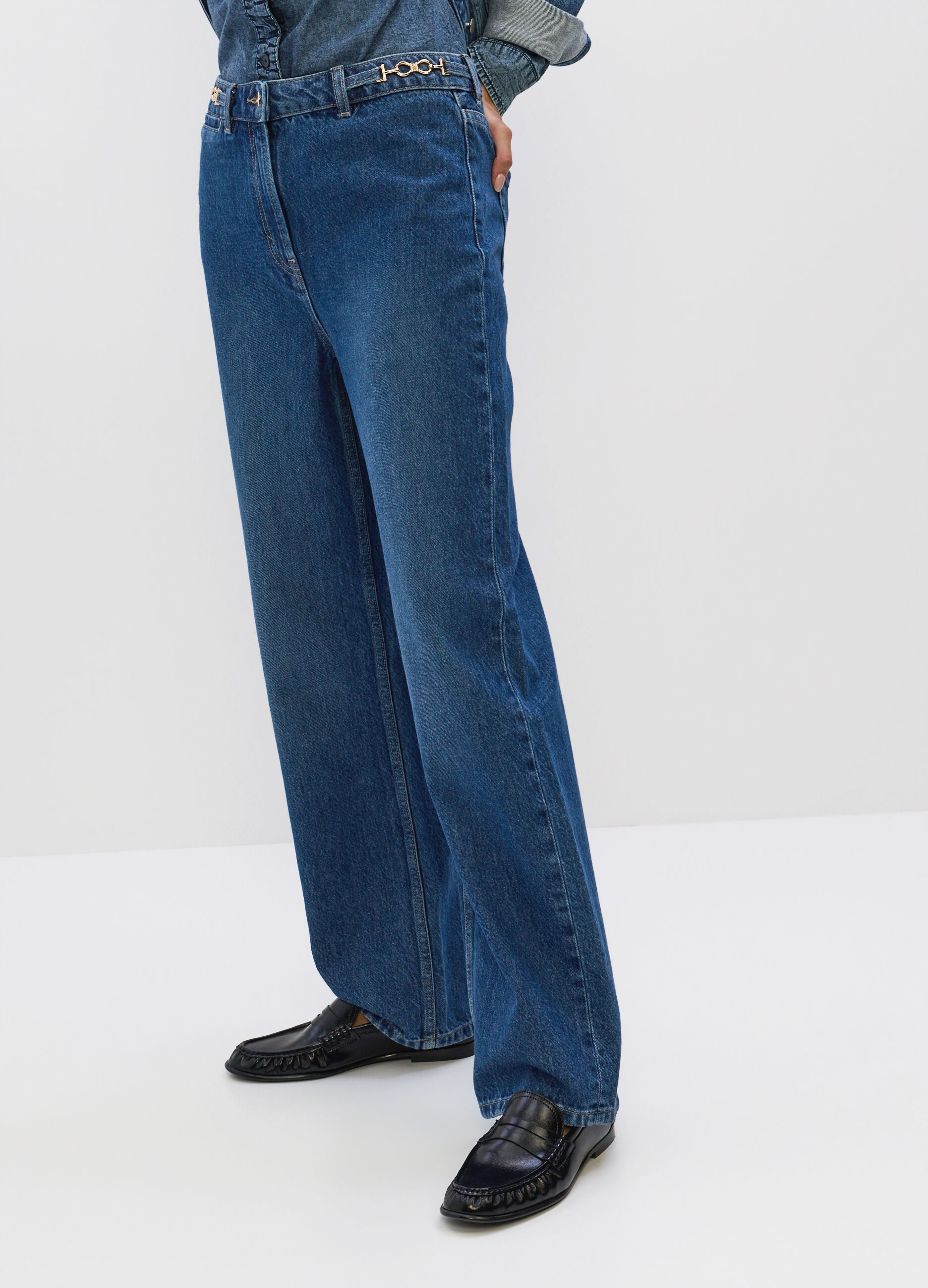 Pantaloni Straight Fit in denim di puro cotone donna_2