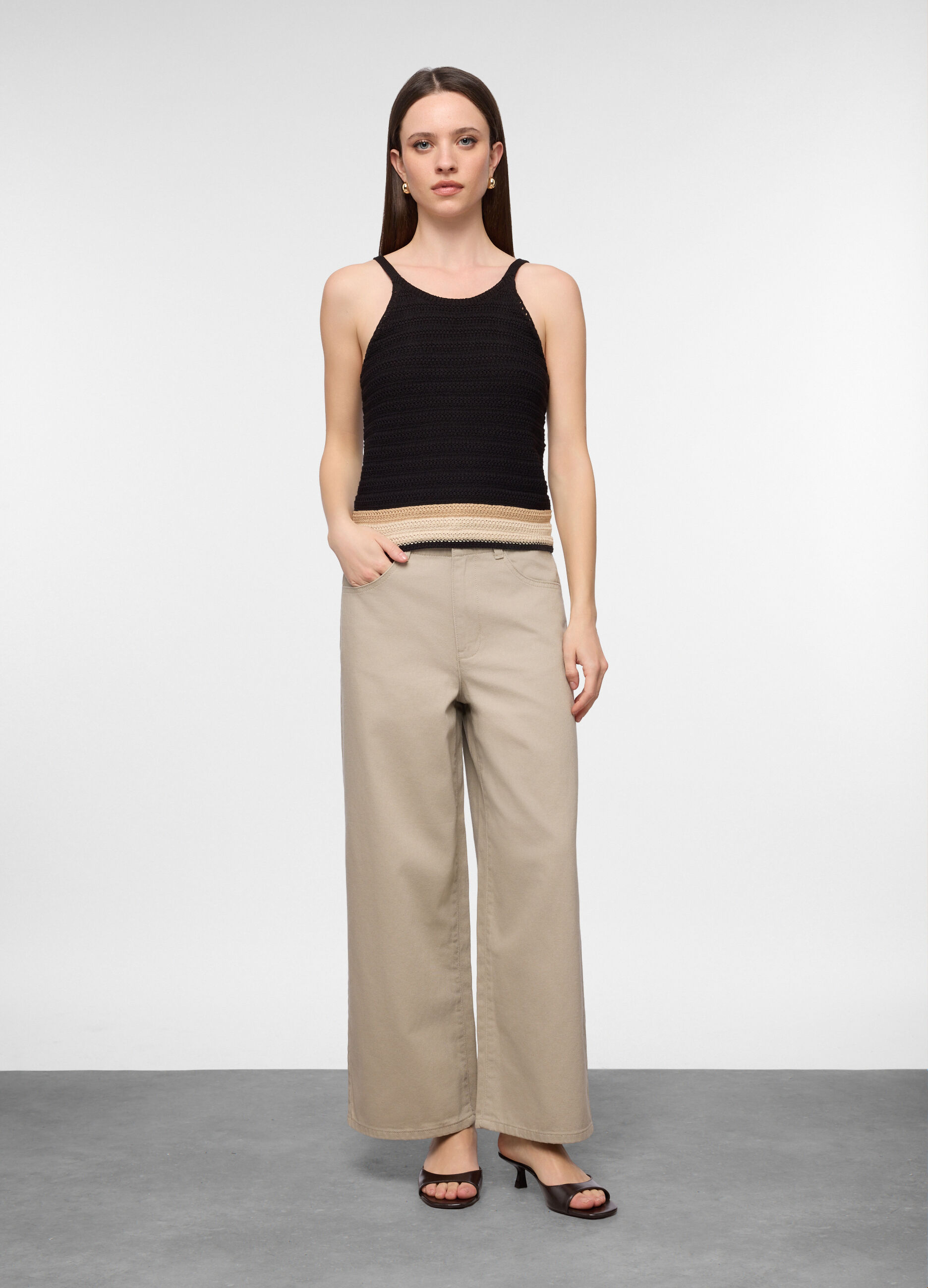 Pantaloni wide leg in denim di puro cotone donna_0