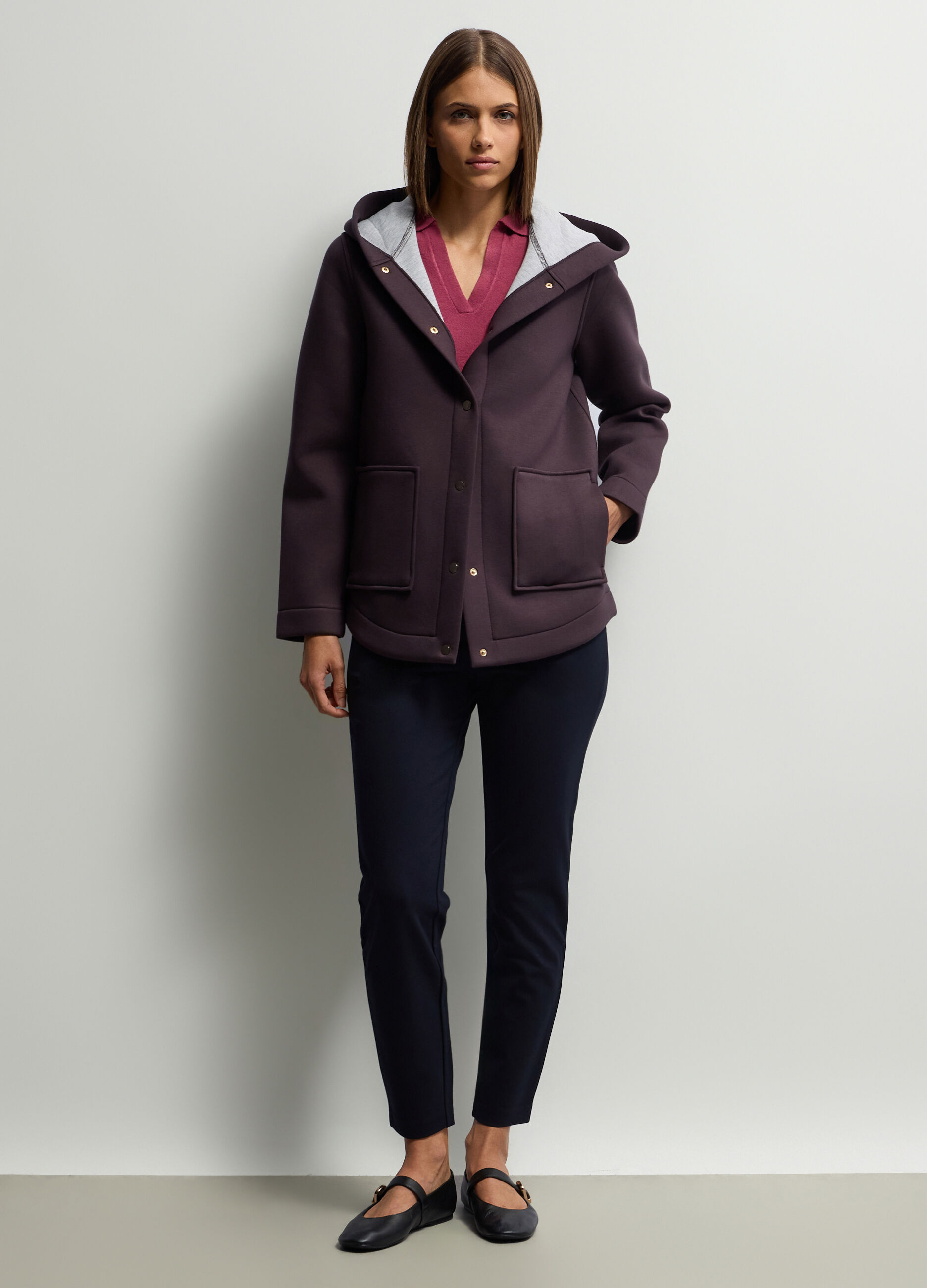 Giacca con cappuccio in viscosa stretch donna_0