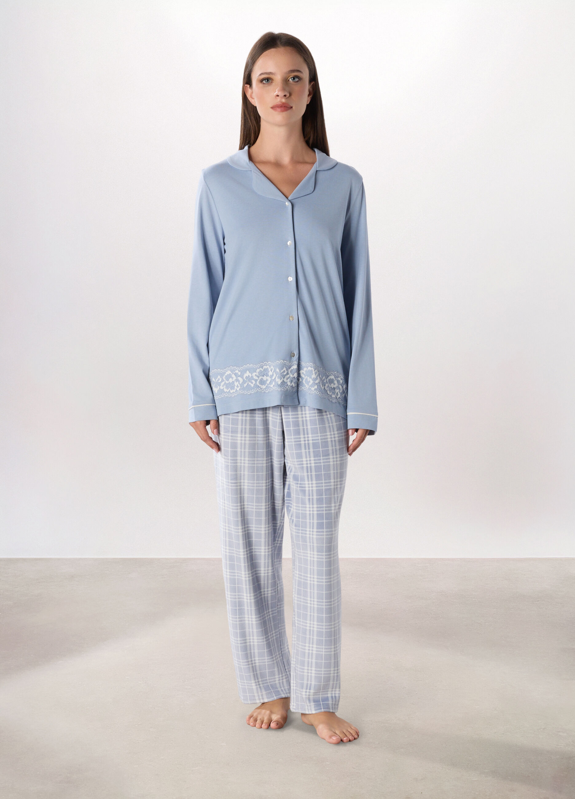 Pantalone lungo pigiama in velluto a quadri donna_0