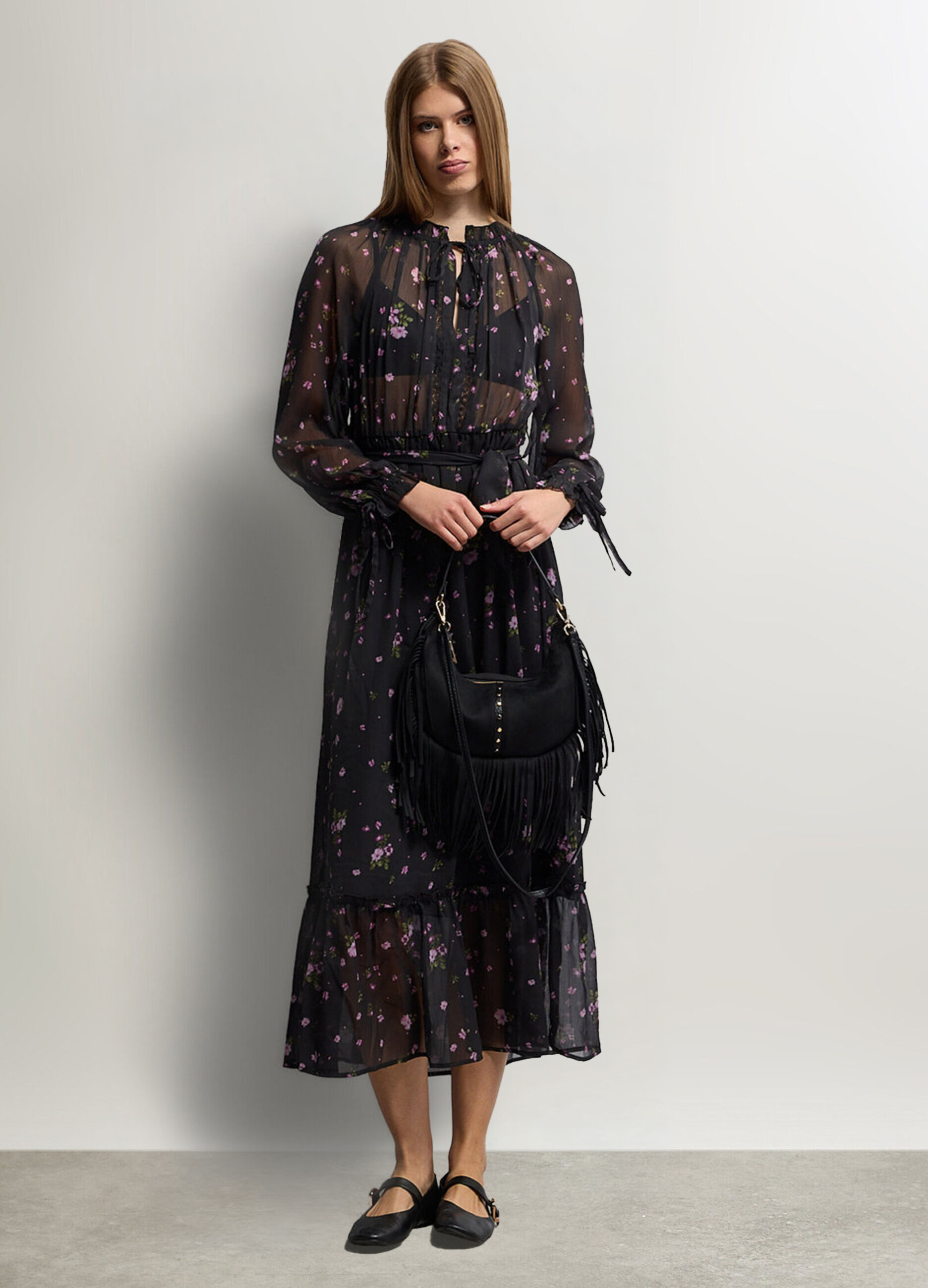 Abito lungo a balze in chiffon donna_0