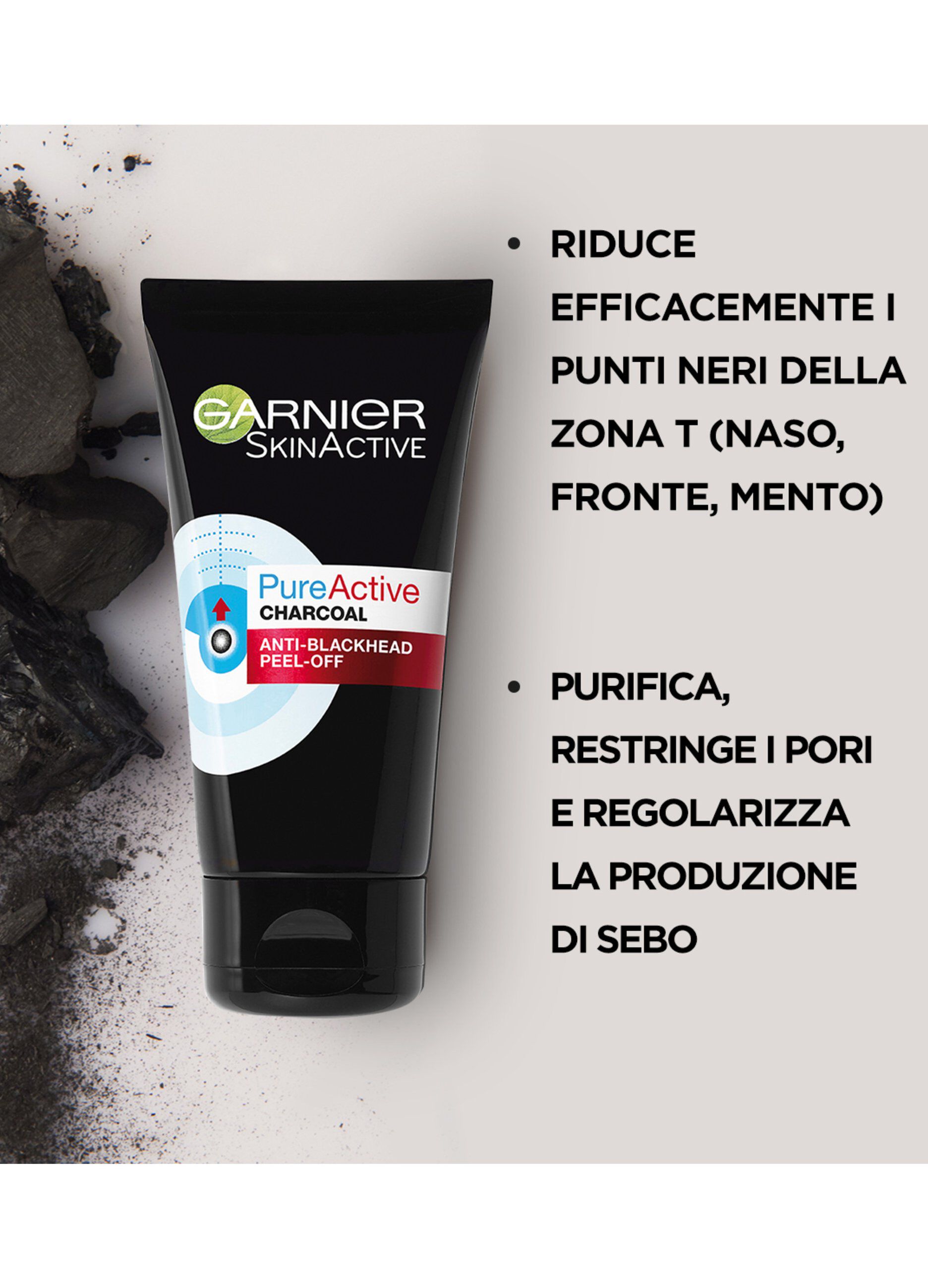 Garnier Maschera Peel-Off Pure Active Charcoal, Gel detergente arricchito con carbone e acido salicidico, Perfetto per la zona T, Anti imperfezioni e punti neri, 50 ml.