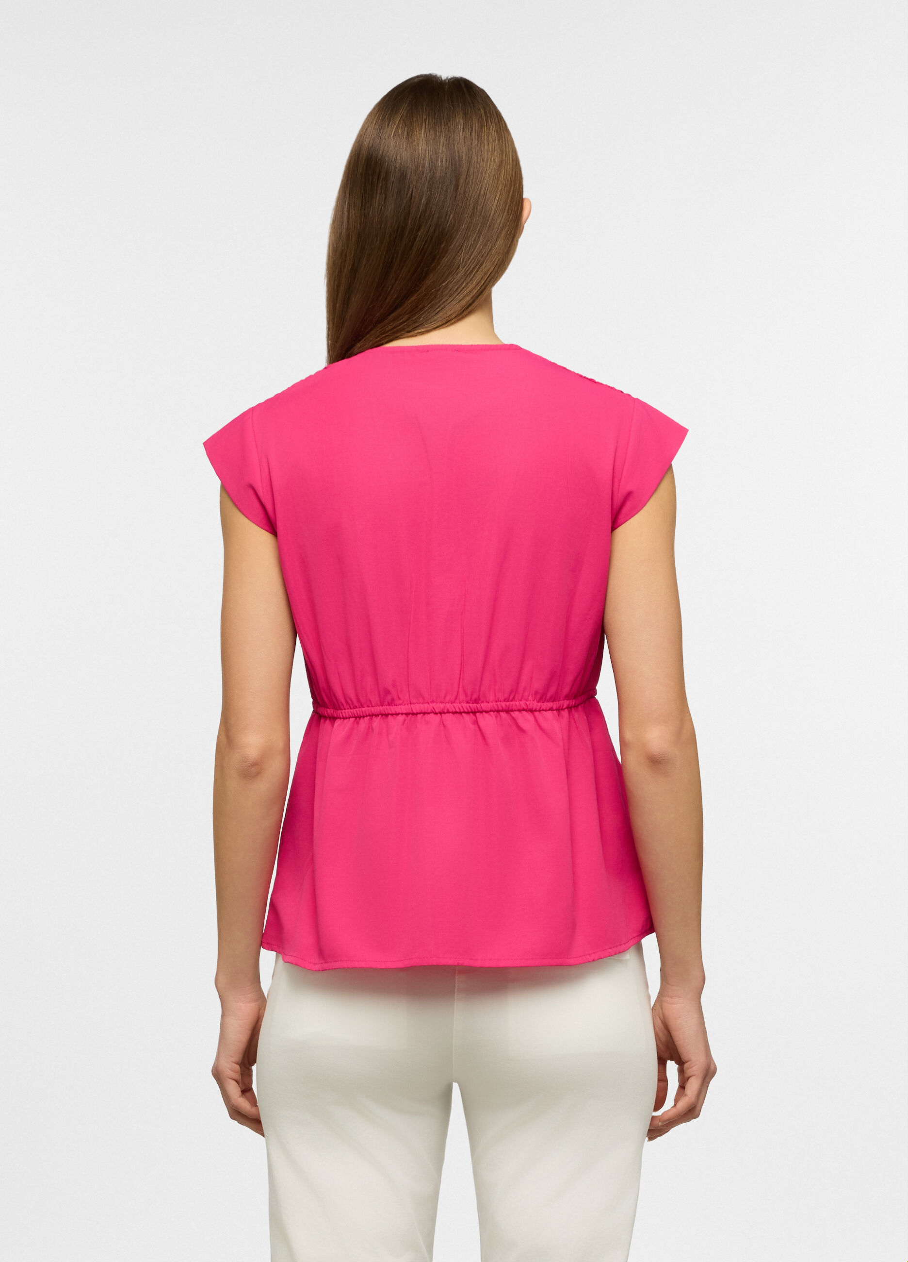 Blusa smanicata fit regular con scollo a V in misto cotone donna_1