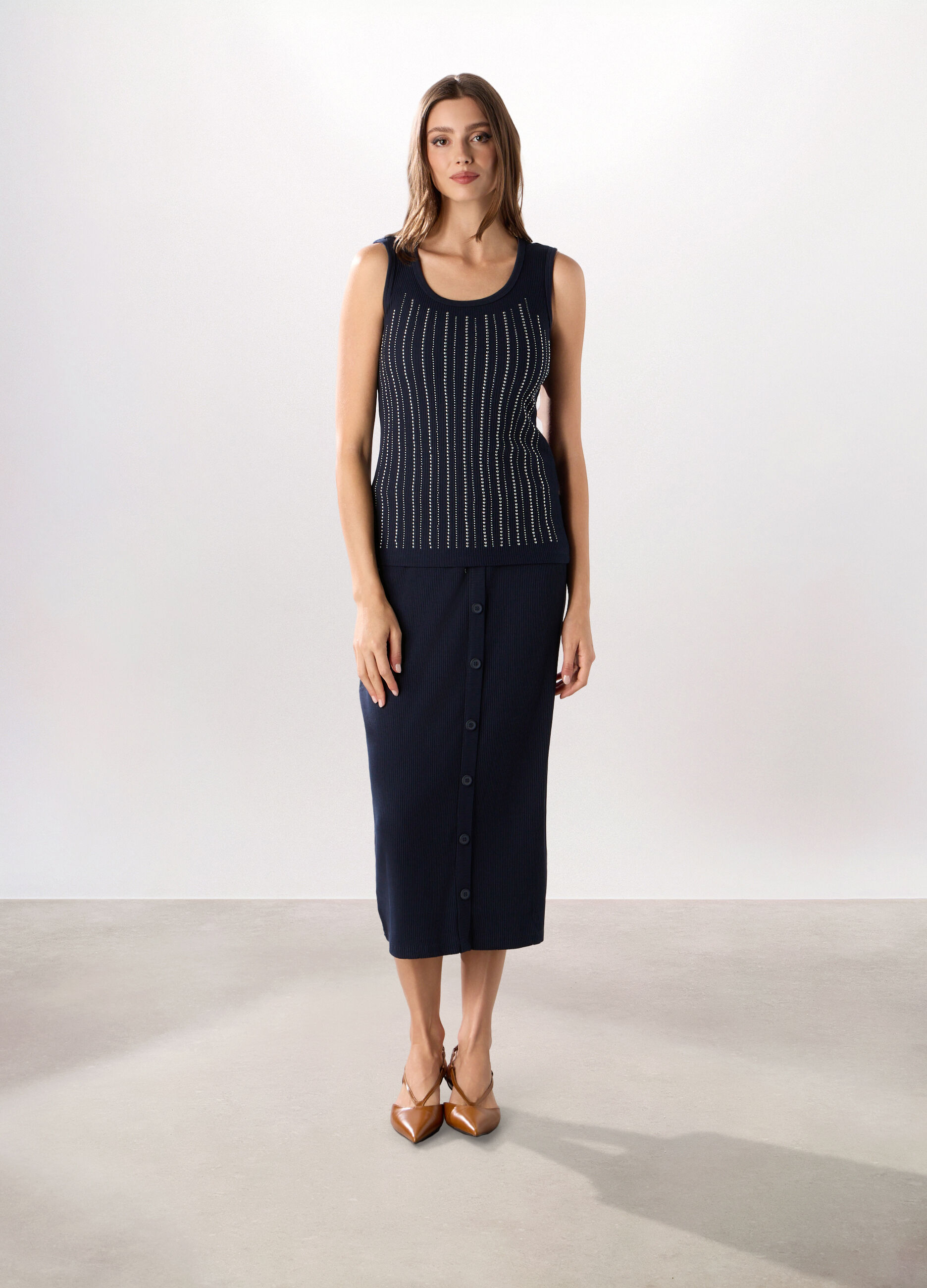 Gonna lunga in costina di cotone stretch donna_0