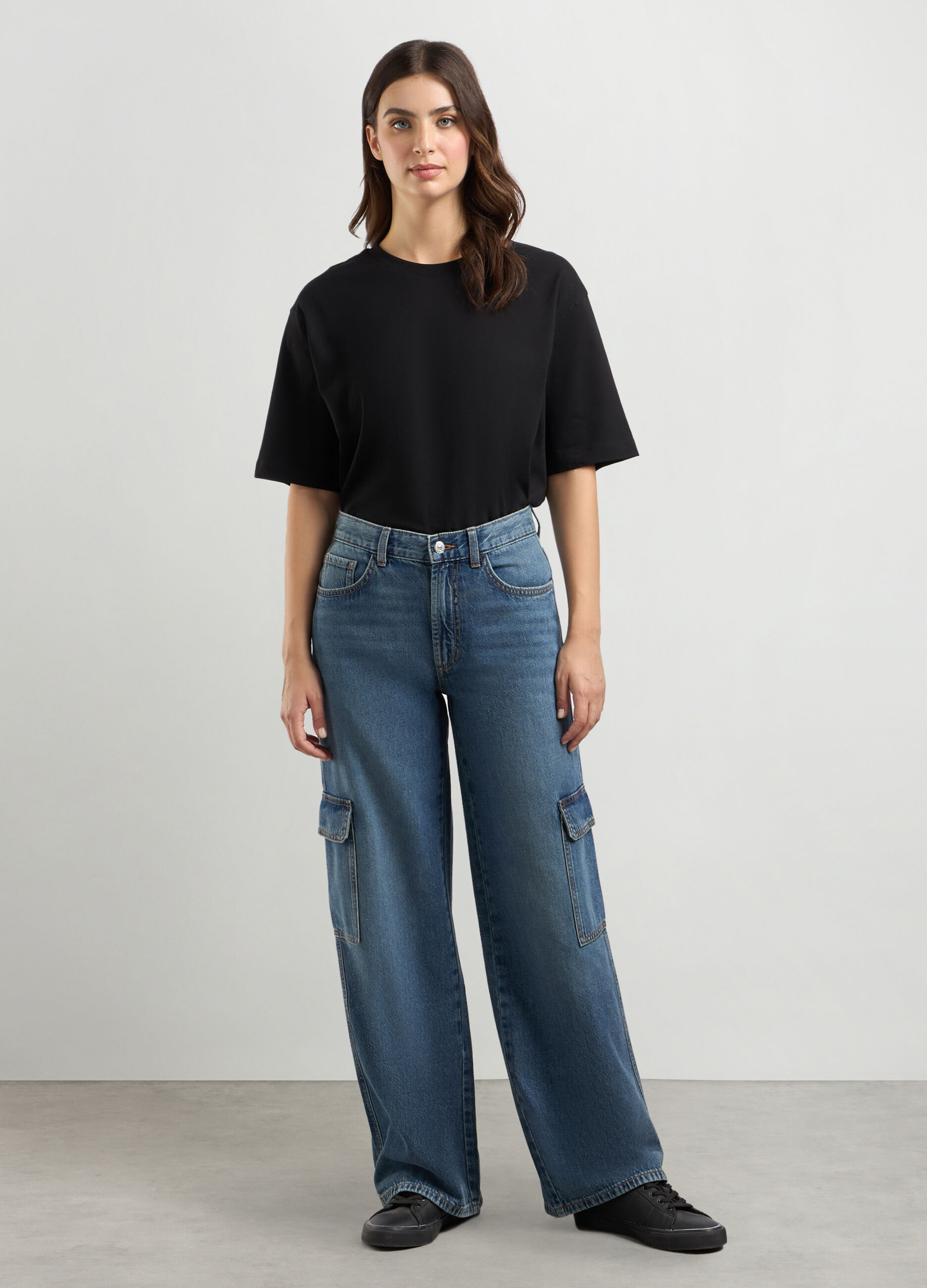 Pantaloni cargo in denim di puro cotone donna