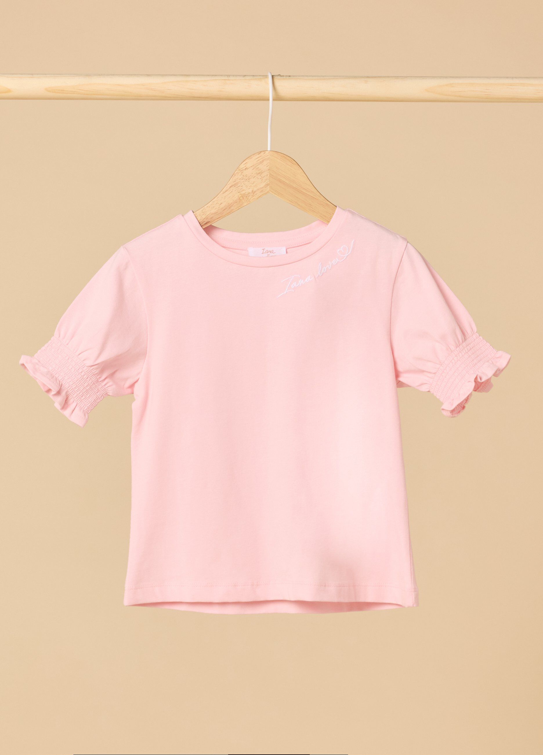 T-shirt IANA in cotone stretch con ricamo e punto smock bambina_0