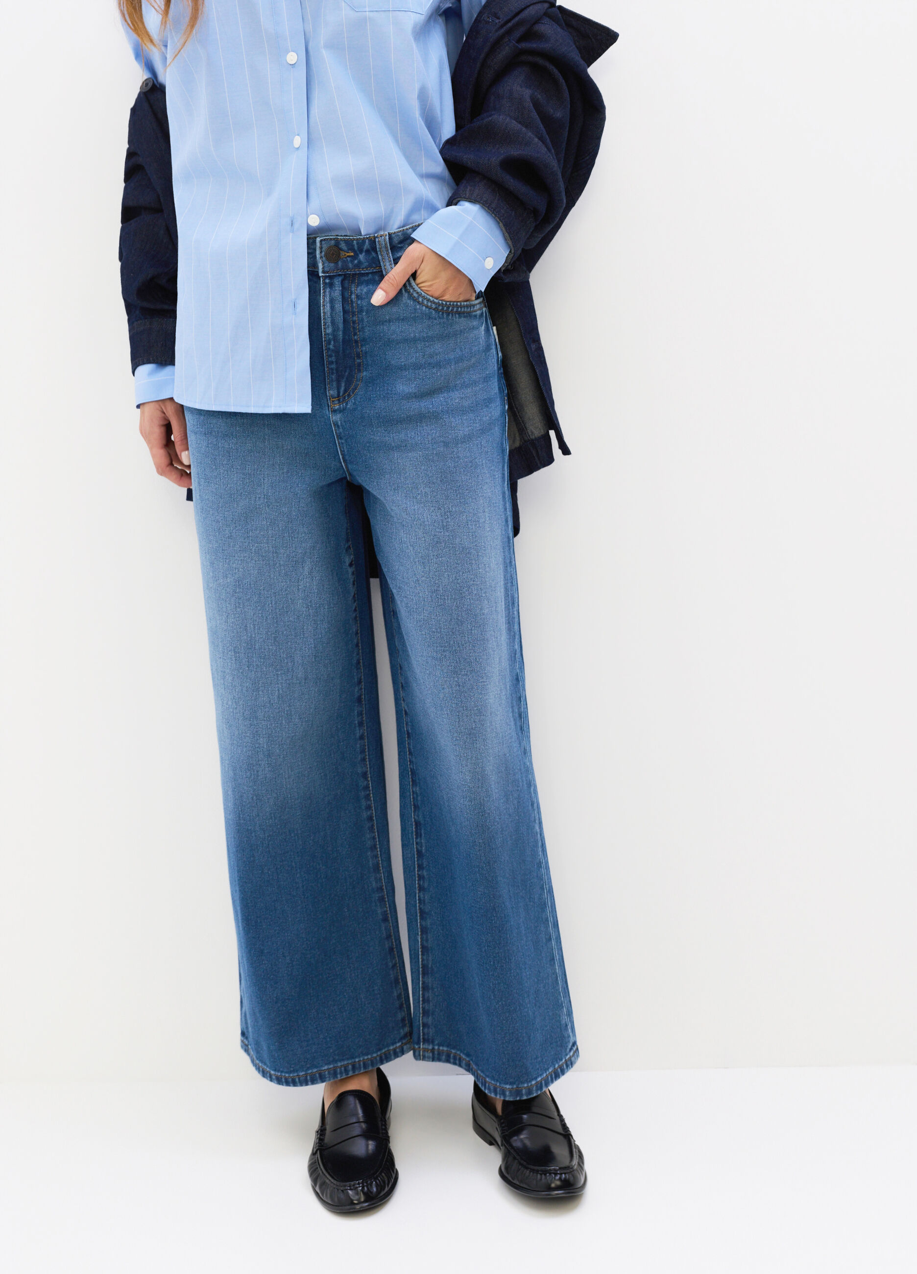Pantaloni Culotte Fit in denim di puro cotone donna_3