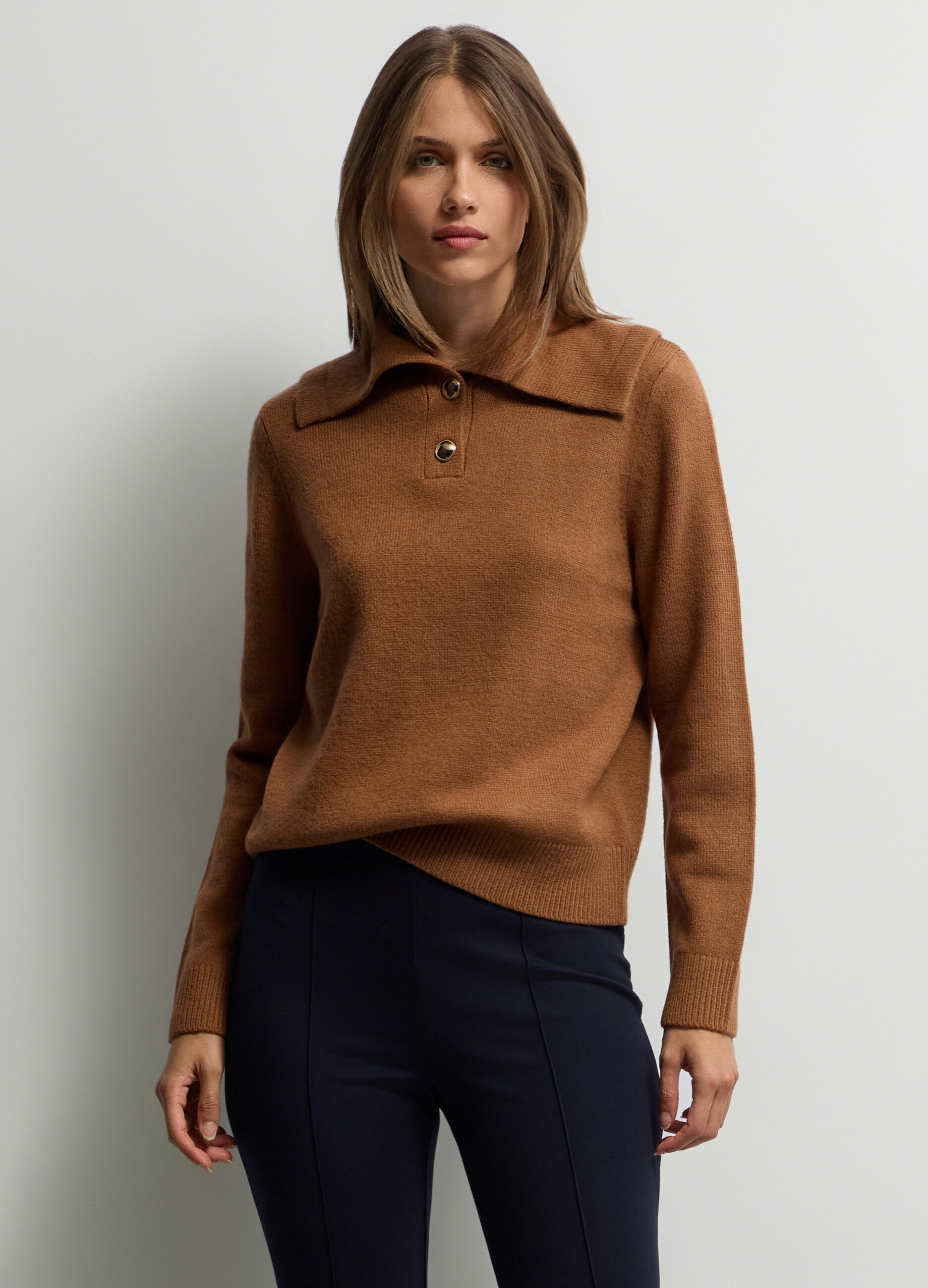 Pullover con collo Polo in costina misto lana donna_0