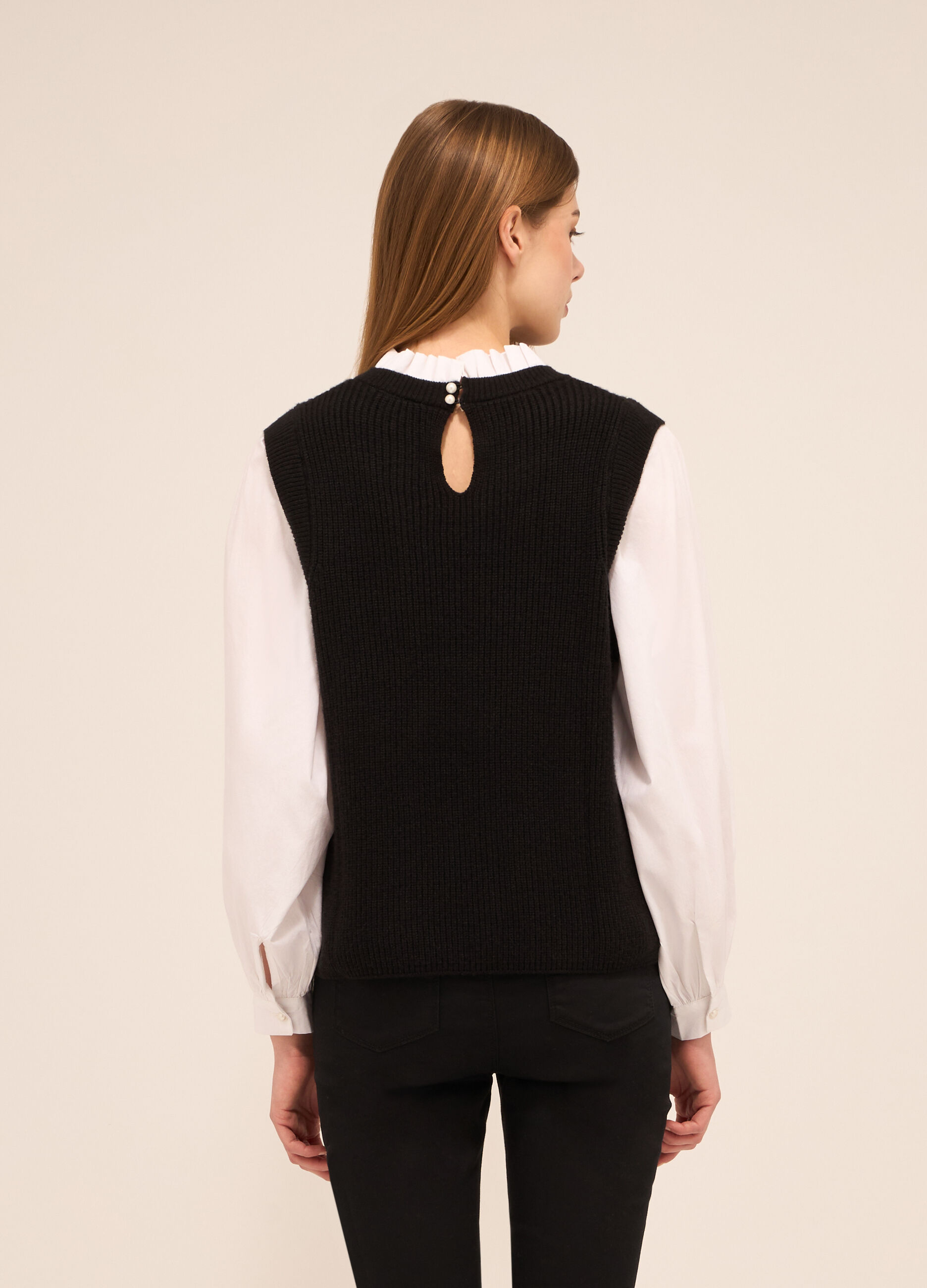 Tricot smanicato misto viscosa con inserto camicia donna_1