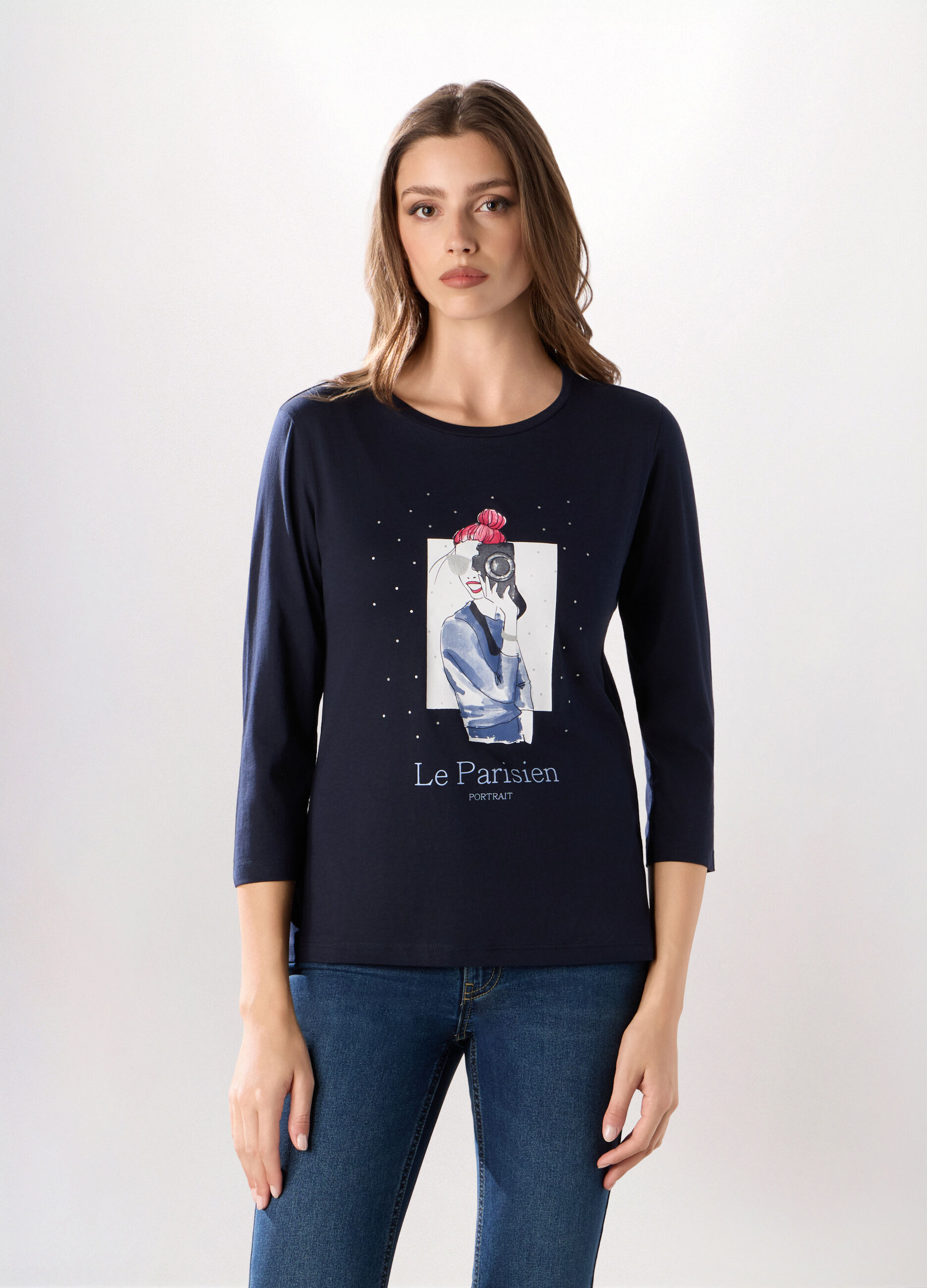 T-shirt in puro cotone con maniche a 3/4 donna_0